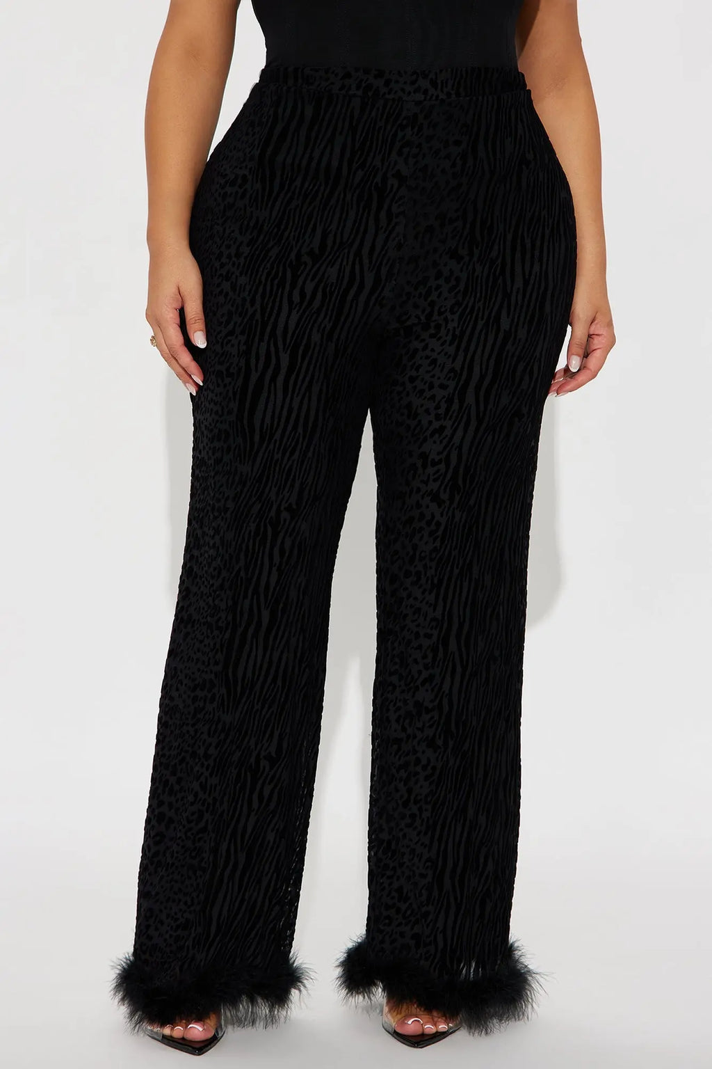 Wild Whisper Velvet Burnout Feather Trim Pant - Black 