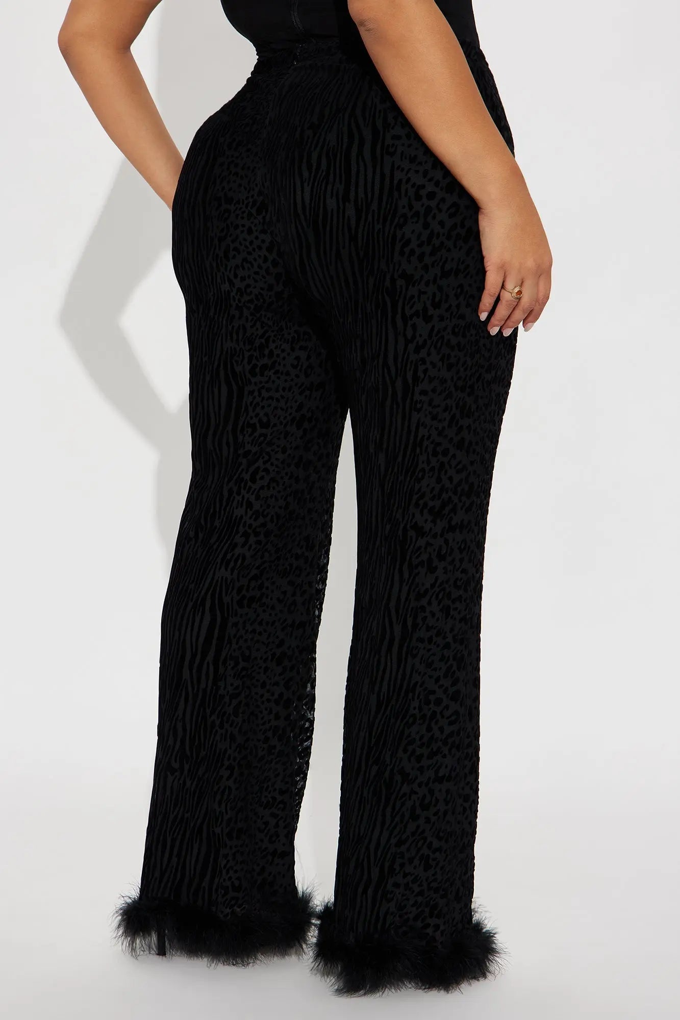 Wild Whisper Velvet Burnout Feather Trim Pant - Black 