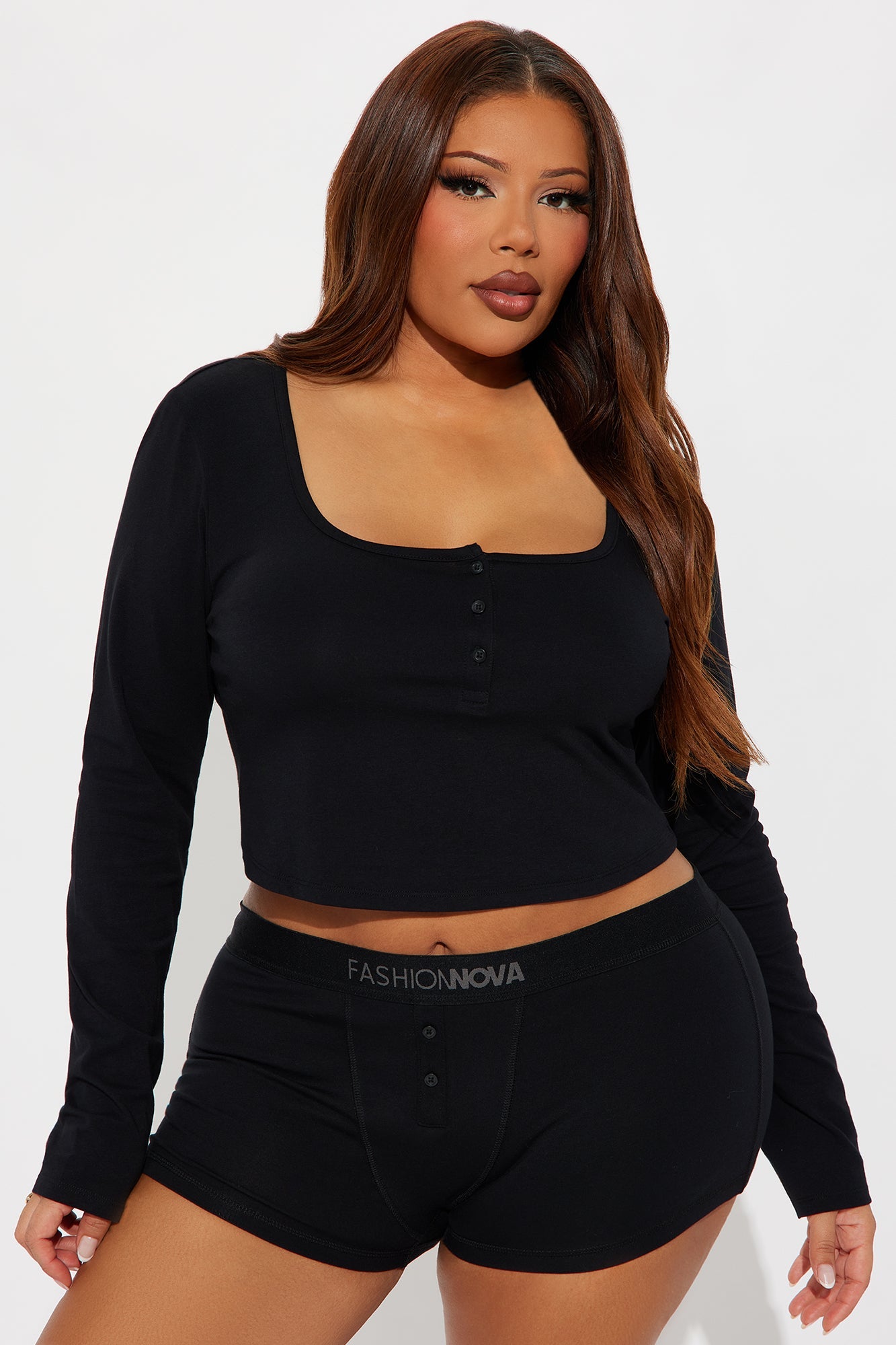 FN Mood Long Sleeve Crop Top And Boxer 2 Piece Cotton Set - Black