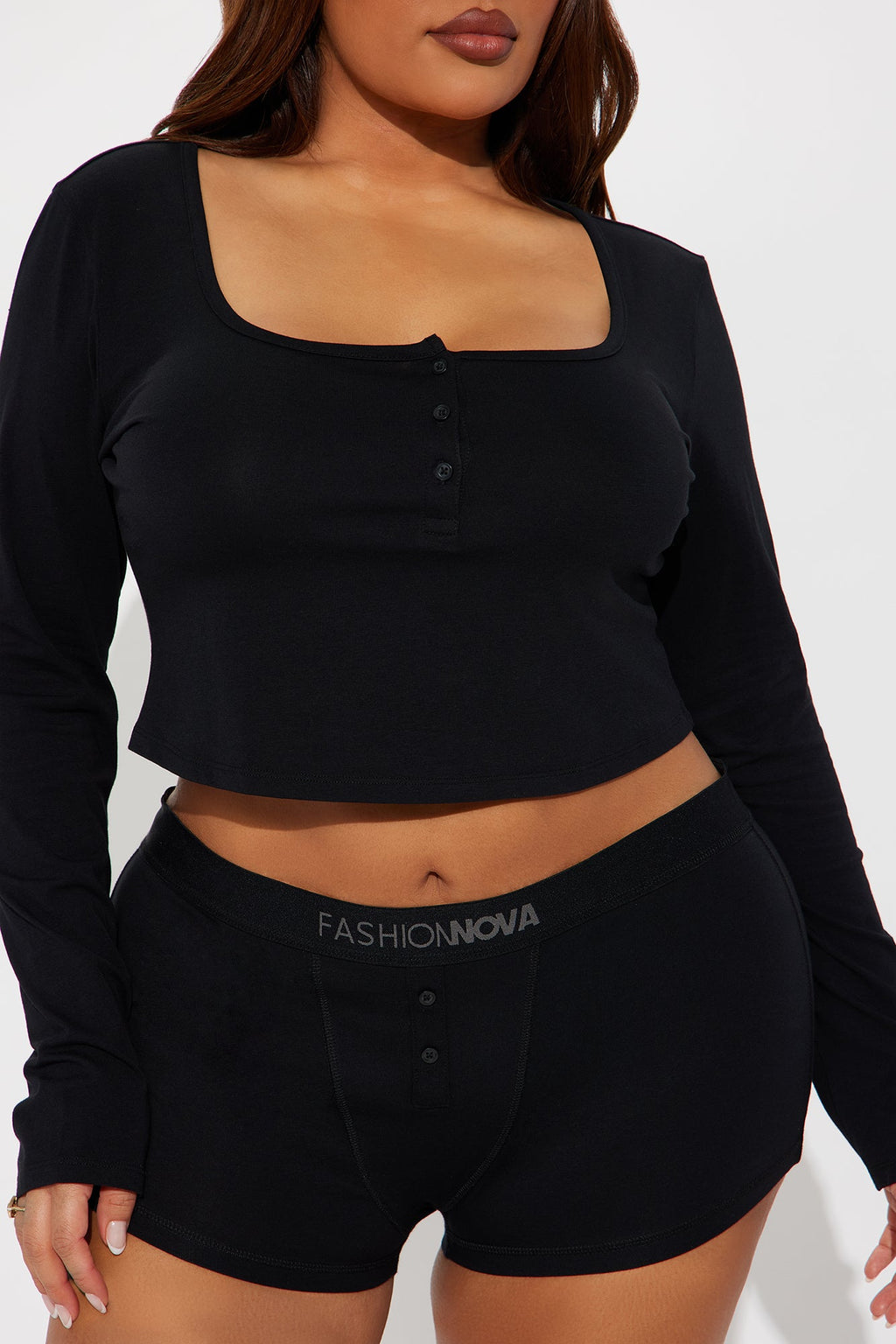 FN Mood Long Sleeve Crop Top And Boxer 2 Piece Cotton Set - Black