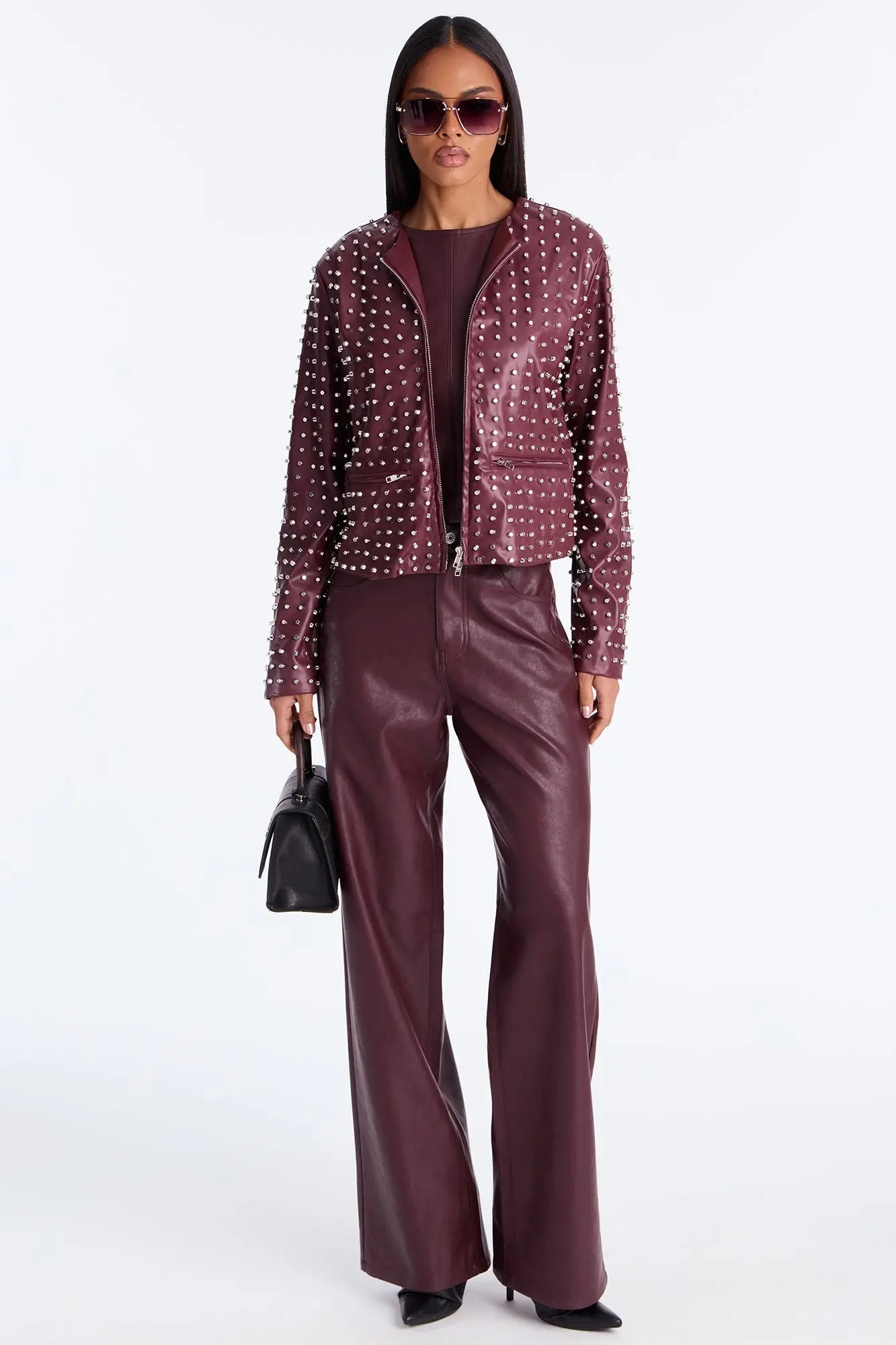Run This Town Studded Faux Leather Jacket - Wine 