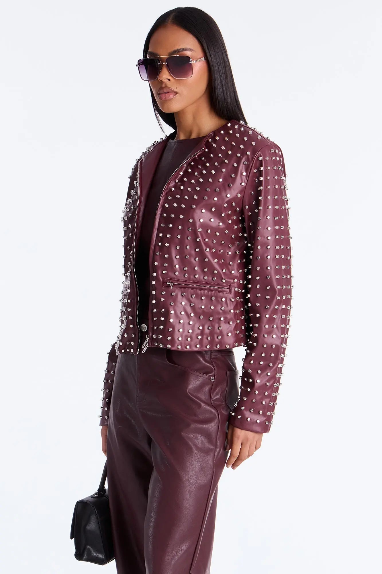 Run This Town Studded Faux Leather Jacket - Wine 
