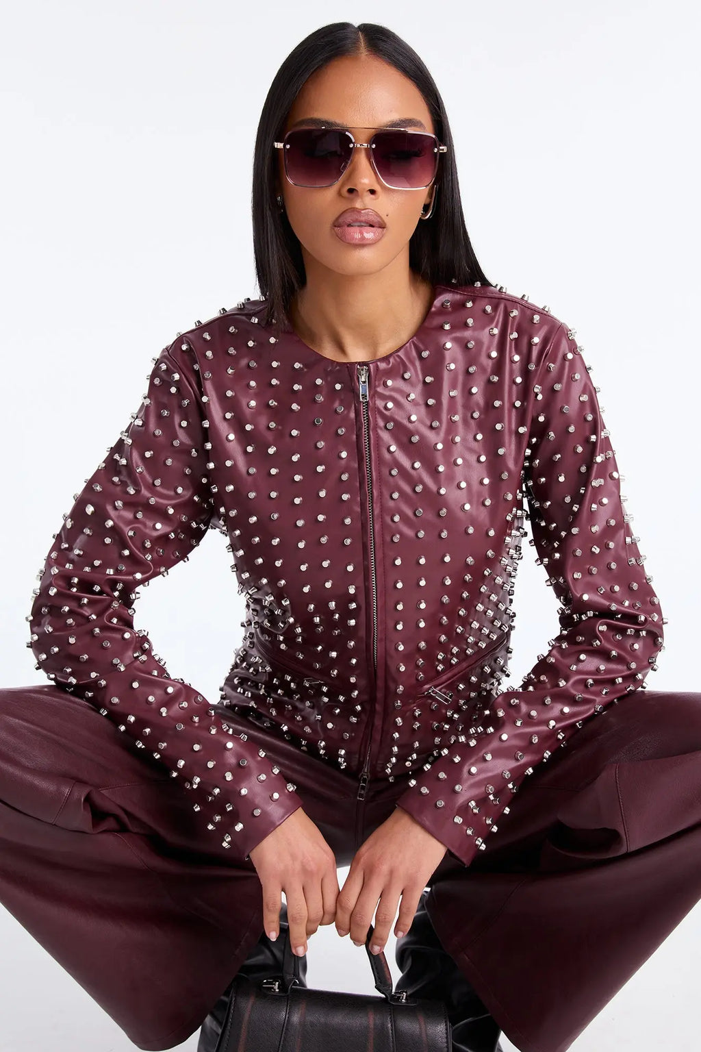 Run This Town Studded Faux Leather Jacket - Wine 