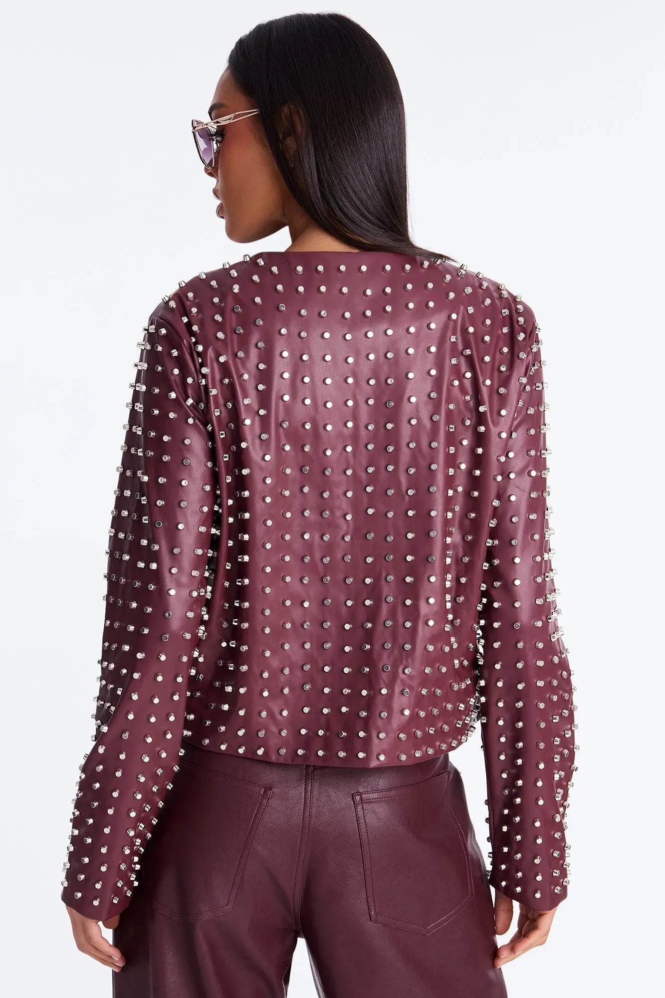 Run This Town Studded Faux Leather Jacket - Wine 