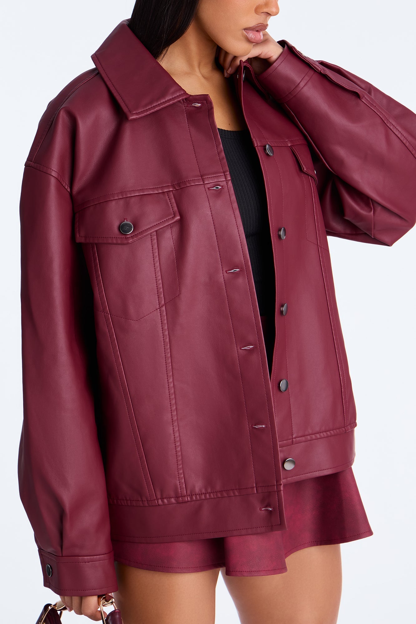 Mila Oversized Faux Leather Jacket - Burgundy