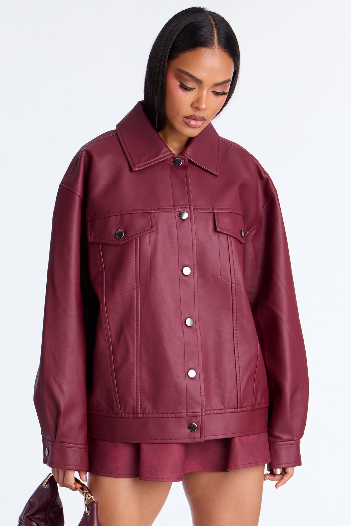 Mila Oversized Faux Leather Jacket - Burgundy