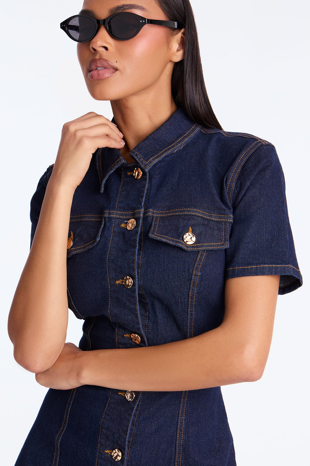Deandra Denim Stretch Short Sleeve Midi Dress - Dark Denim