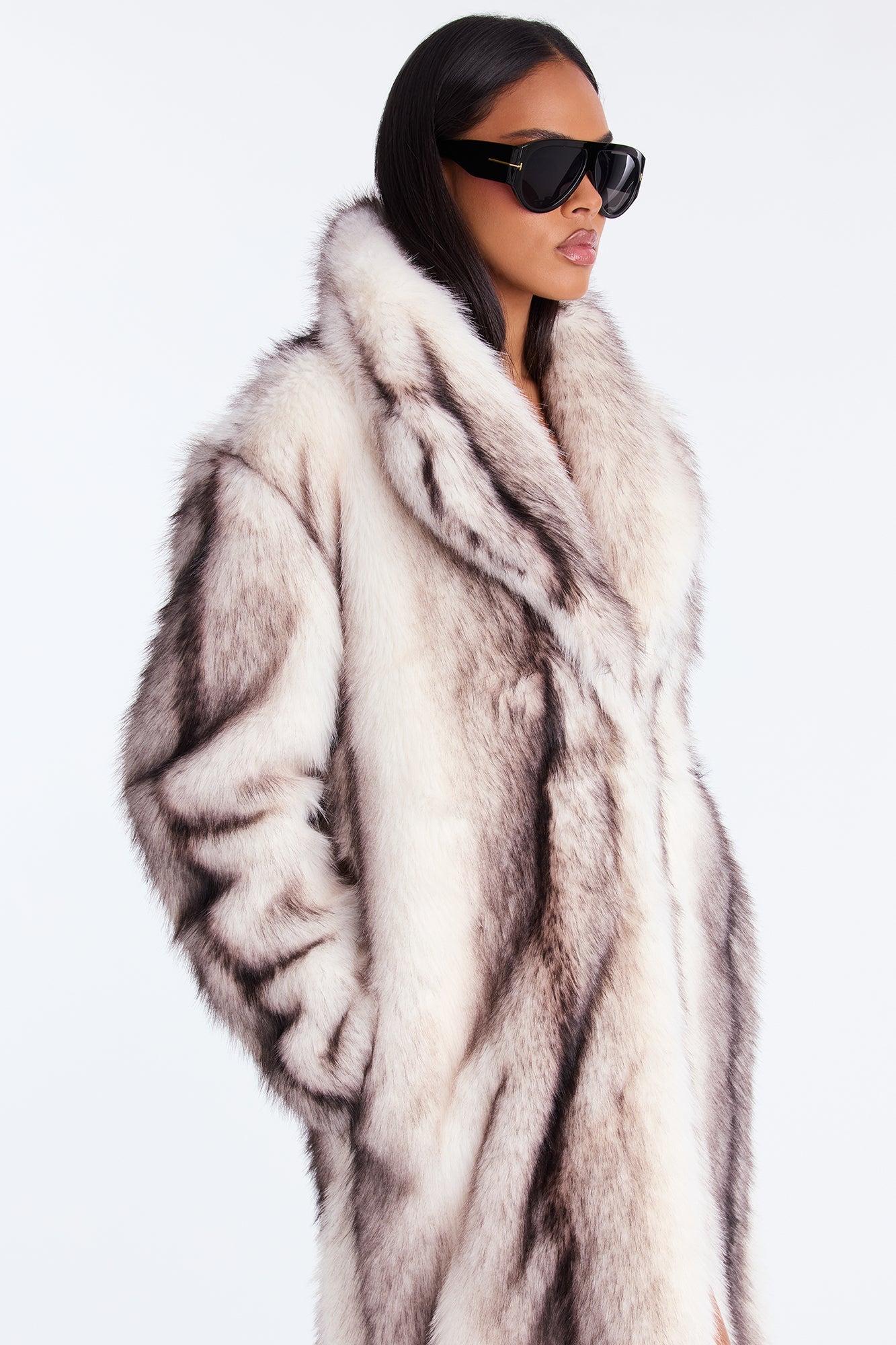 Bellatrix Two Tone Long Faux Fur Coat - Beige