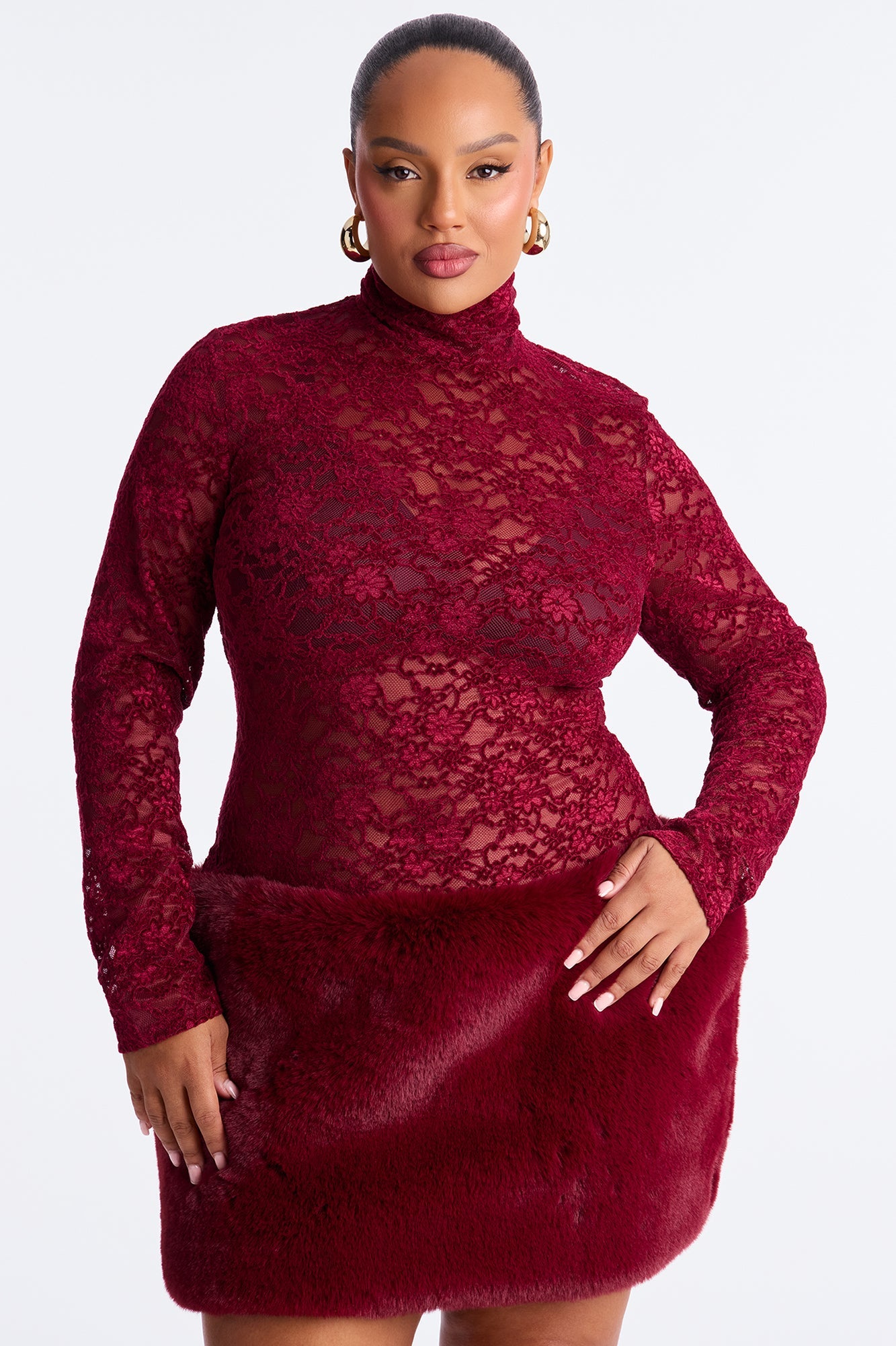 If You Had My Love Fur Trim Lace Mini Dress - Burgundy