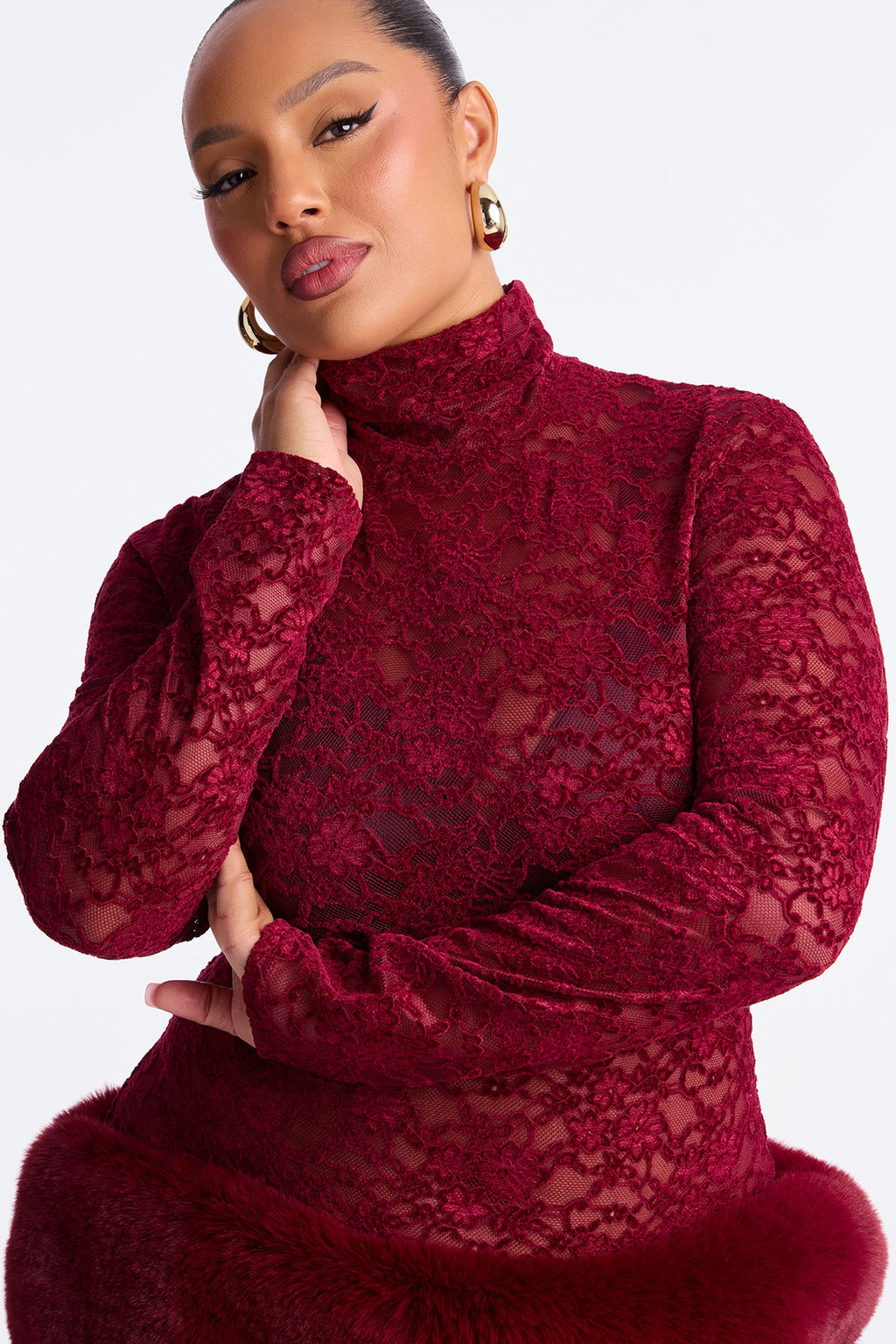 If You Had My Love Fur Trim Lace Mini Dress - Burgundy