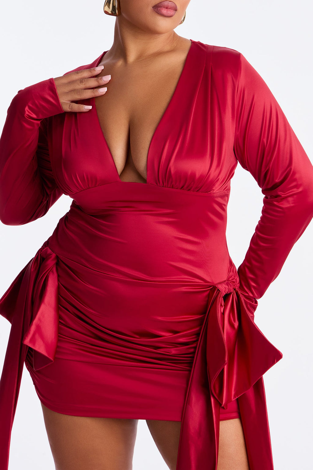 Bow Draped Stretch Satin Mini Dress - Red