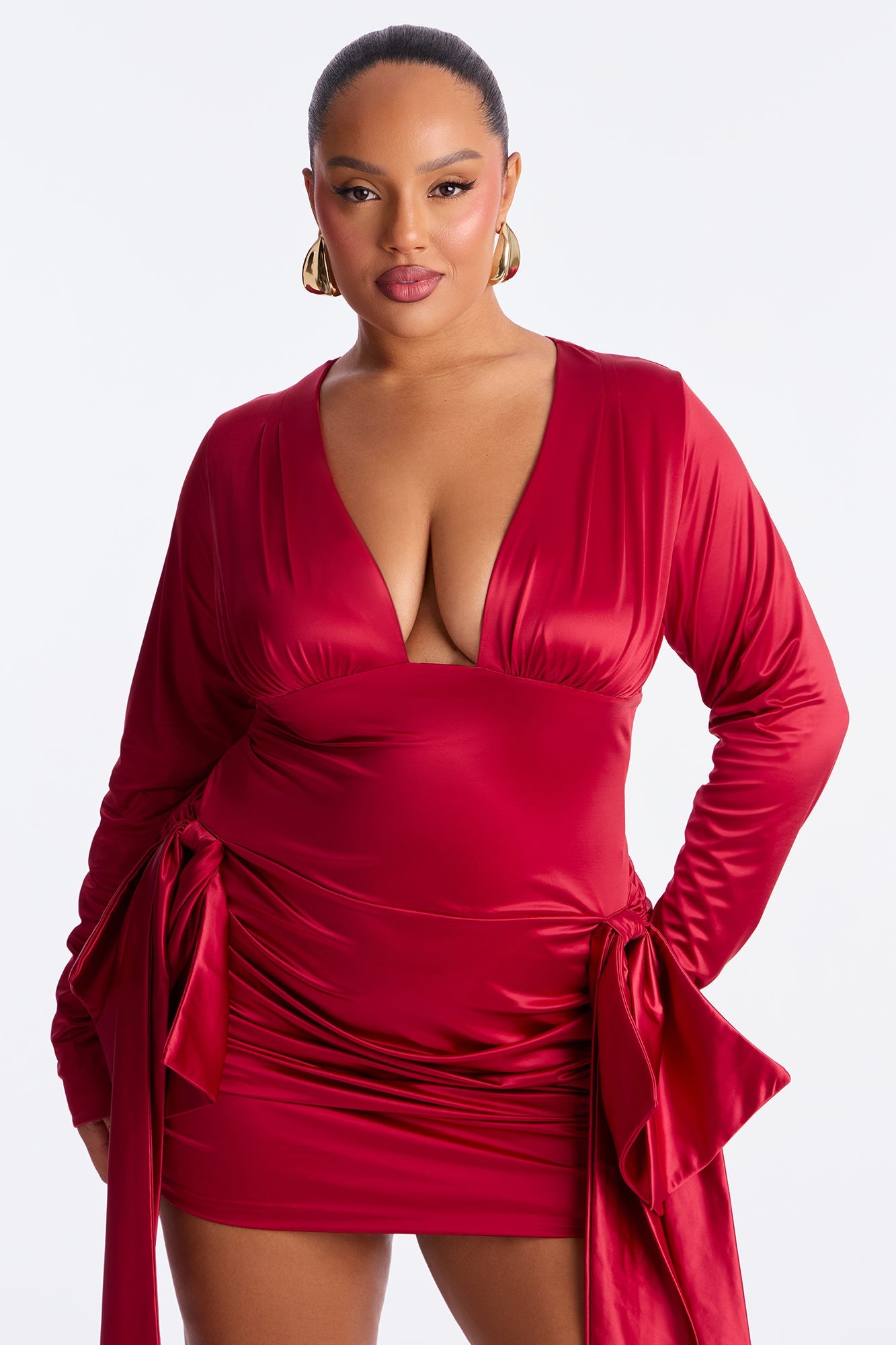 Bow Draped Stretch Satin Mini Dress - Red