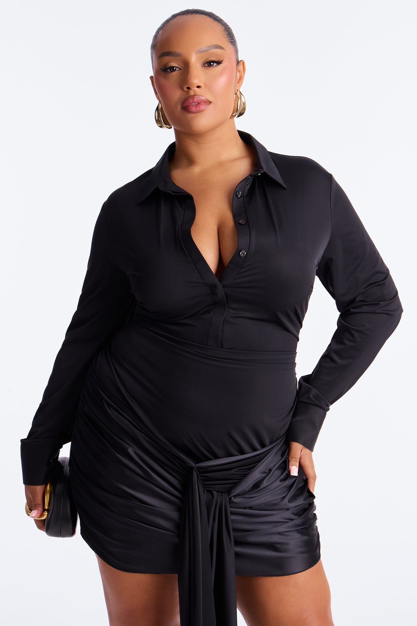 Greer Collar Draped Mini Dress - Black