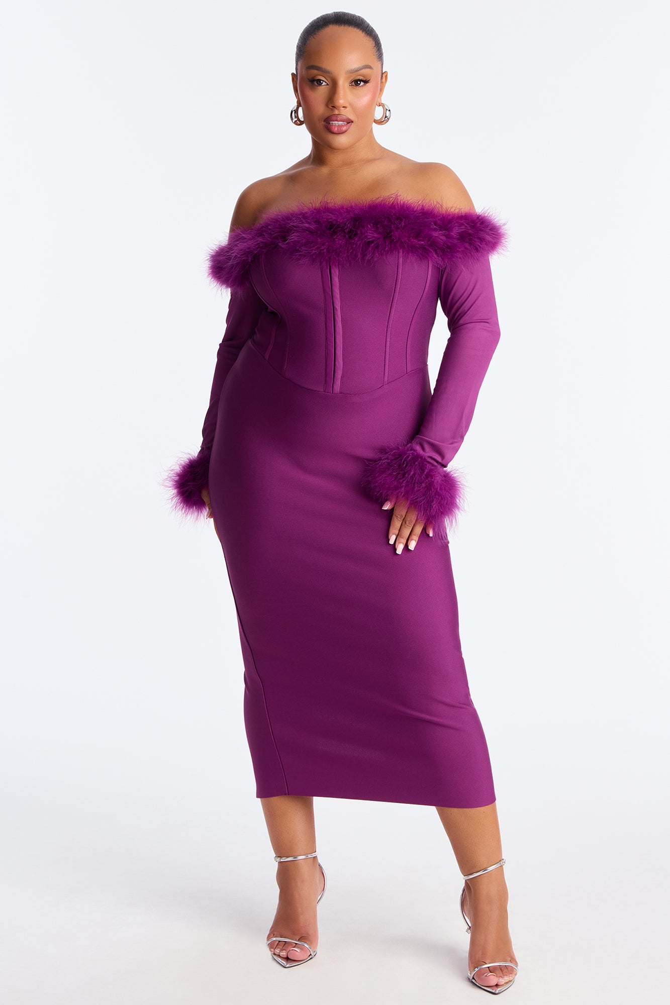 Fur Real Corset Waist Bandage Midi Dress - Plum