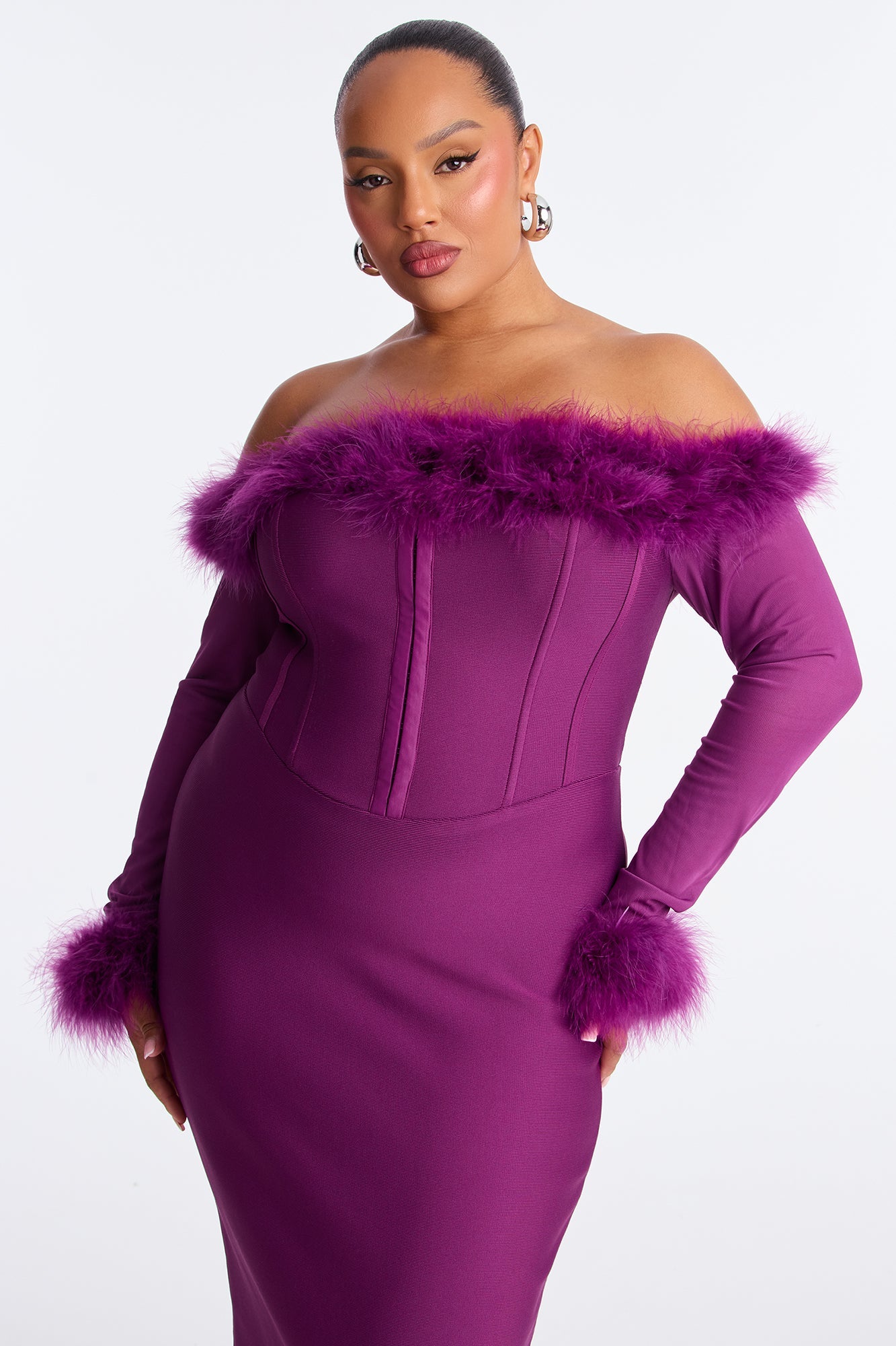 Fur Real Corset Waist Bandage Midi Dress - Plum