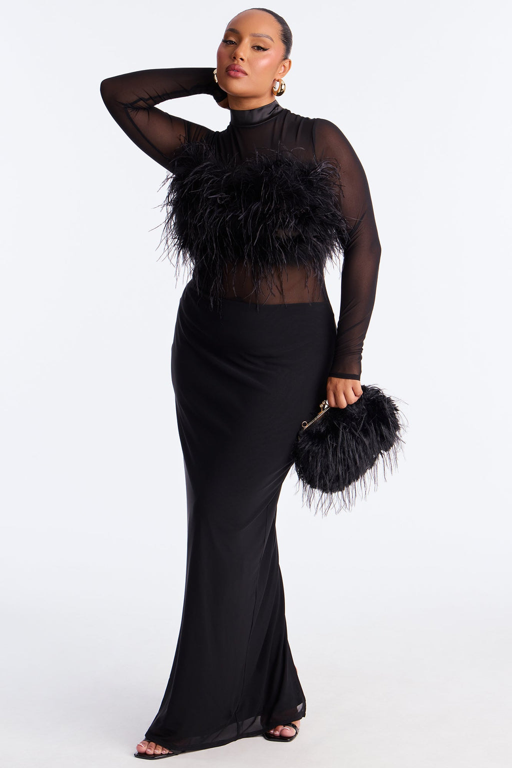 Selene Feather Sheer Mesh Maxi Dress - Black