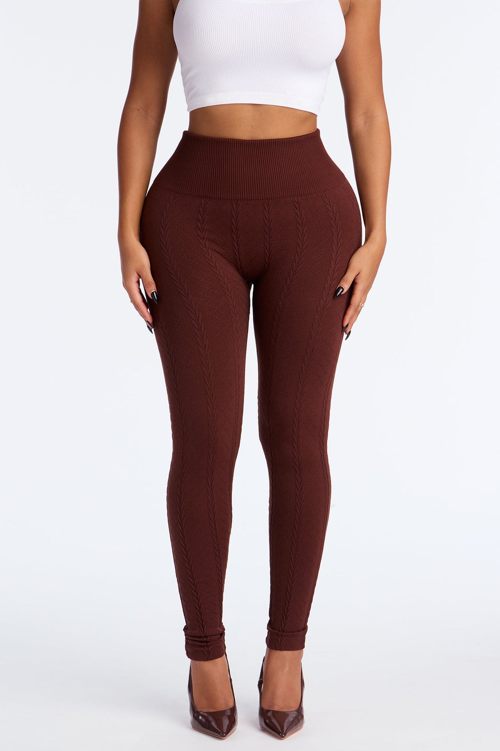 Fireside Cozy Cable Knit Fleece Legging 28″ - Brown