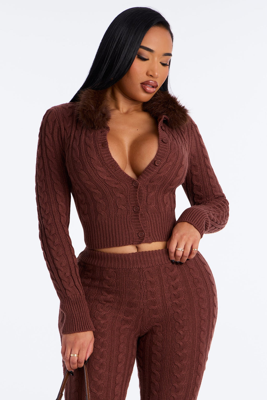 Focus On Us Faux Fur Collar Sweater Pant Set - Chocolate 