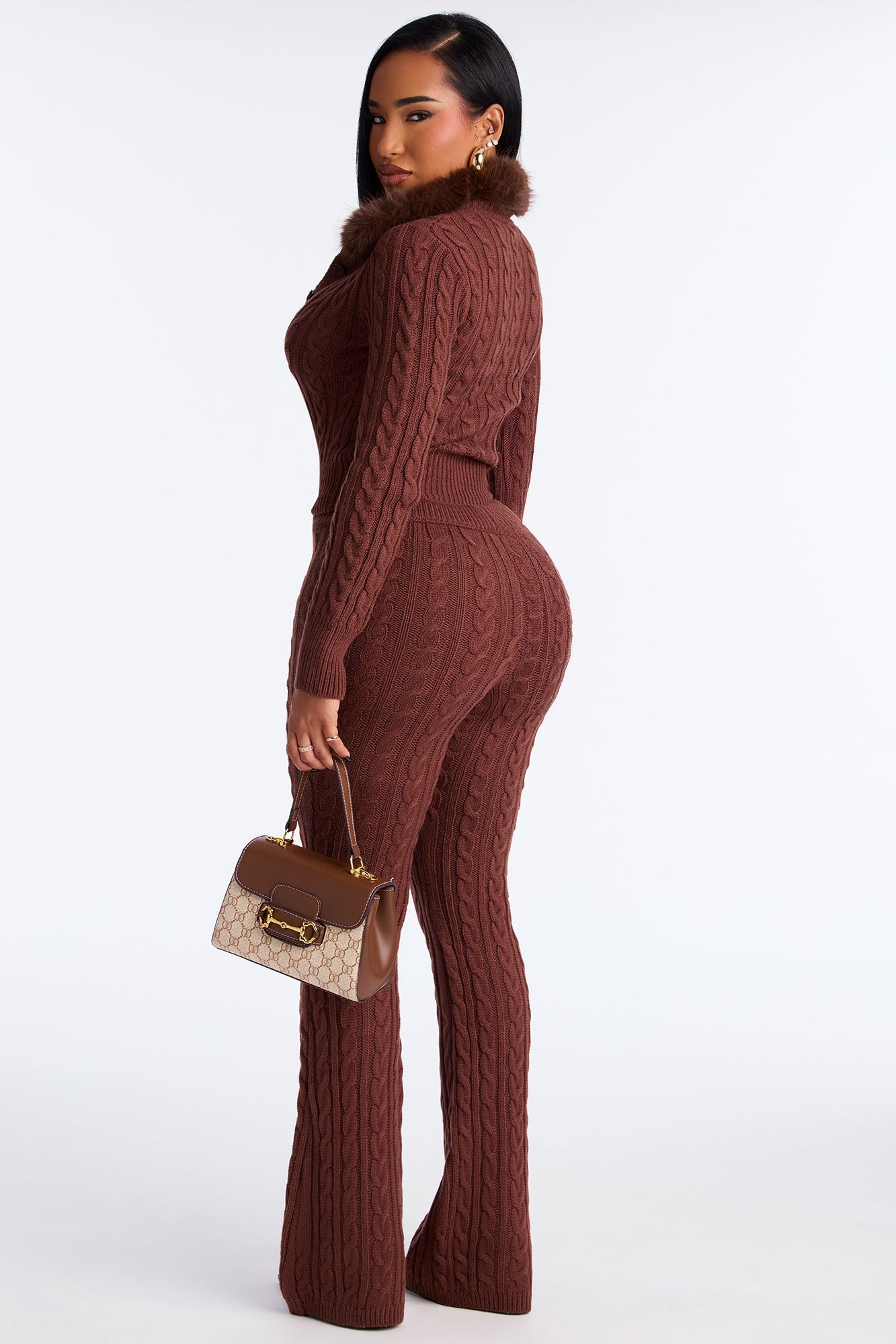 Focus On Us Faux Fur Collar Sweater Pant Set - Chocolate 