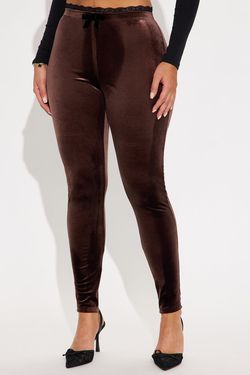 Valentina Solid Lace Trim Velvet Legging - Chocolate
