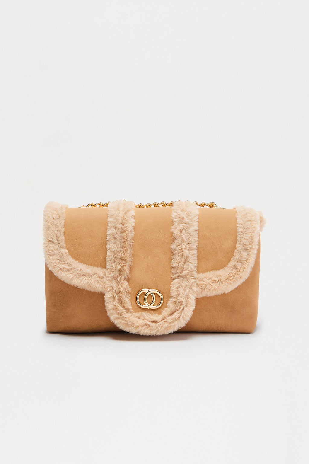 Winter Edit Faux Suede Fur Trim Shoulder Handbag - Tan