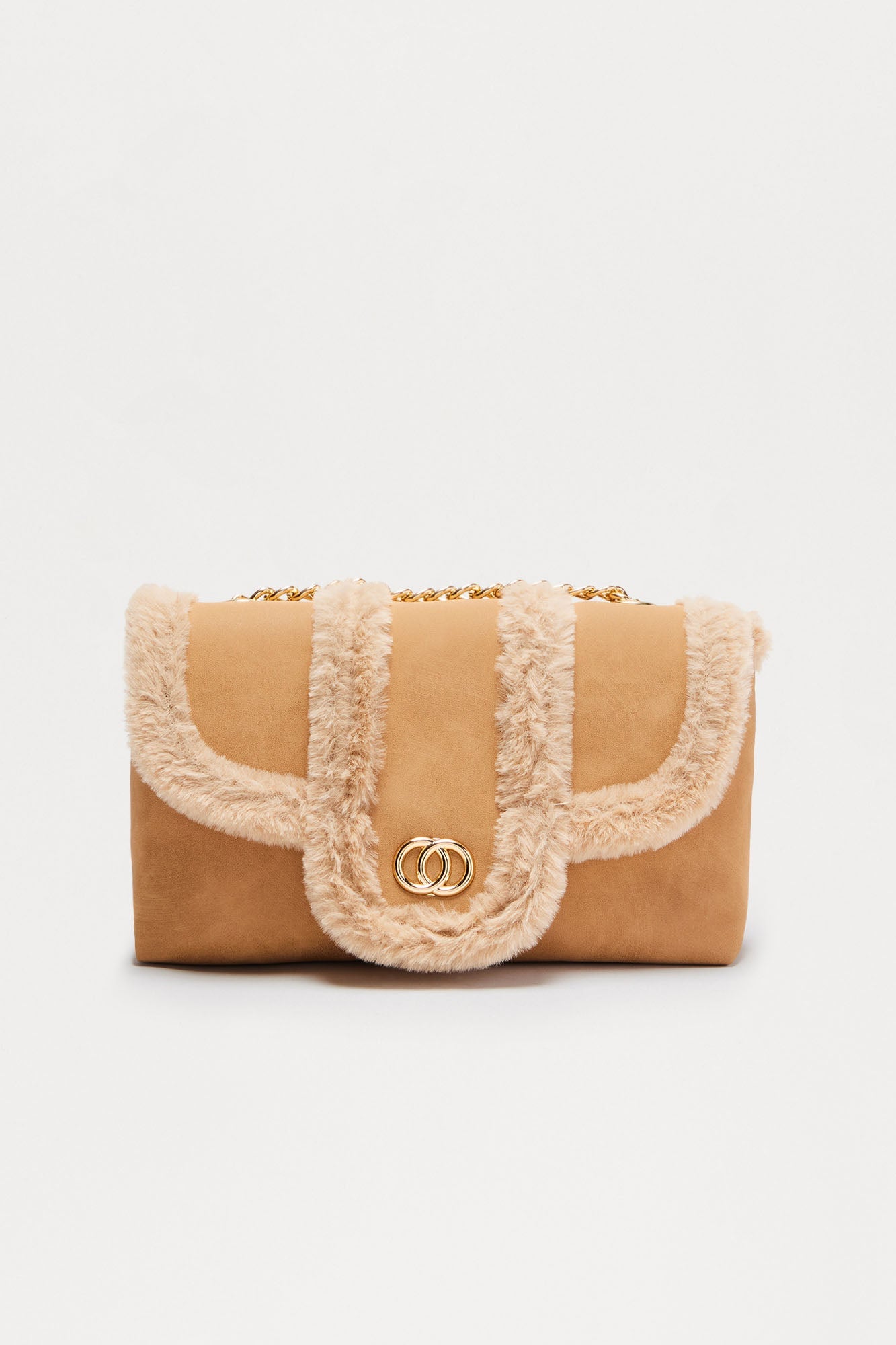 Winter Edit Faux Suede Fur Trim Shoulder Handbag - Tan