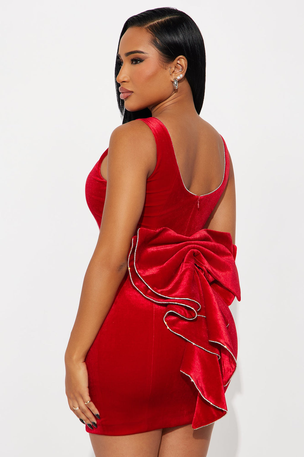 Raelynn Rhinestone Trim Velvet Mini Dress - Red