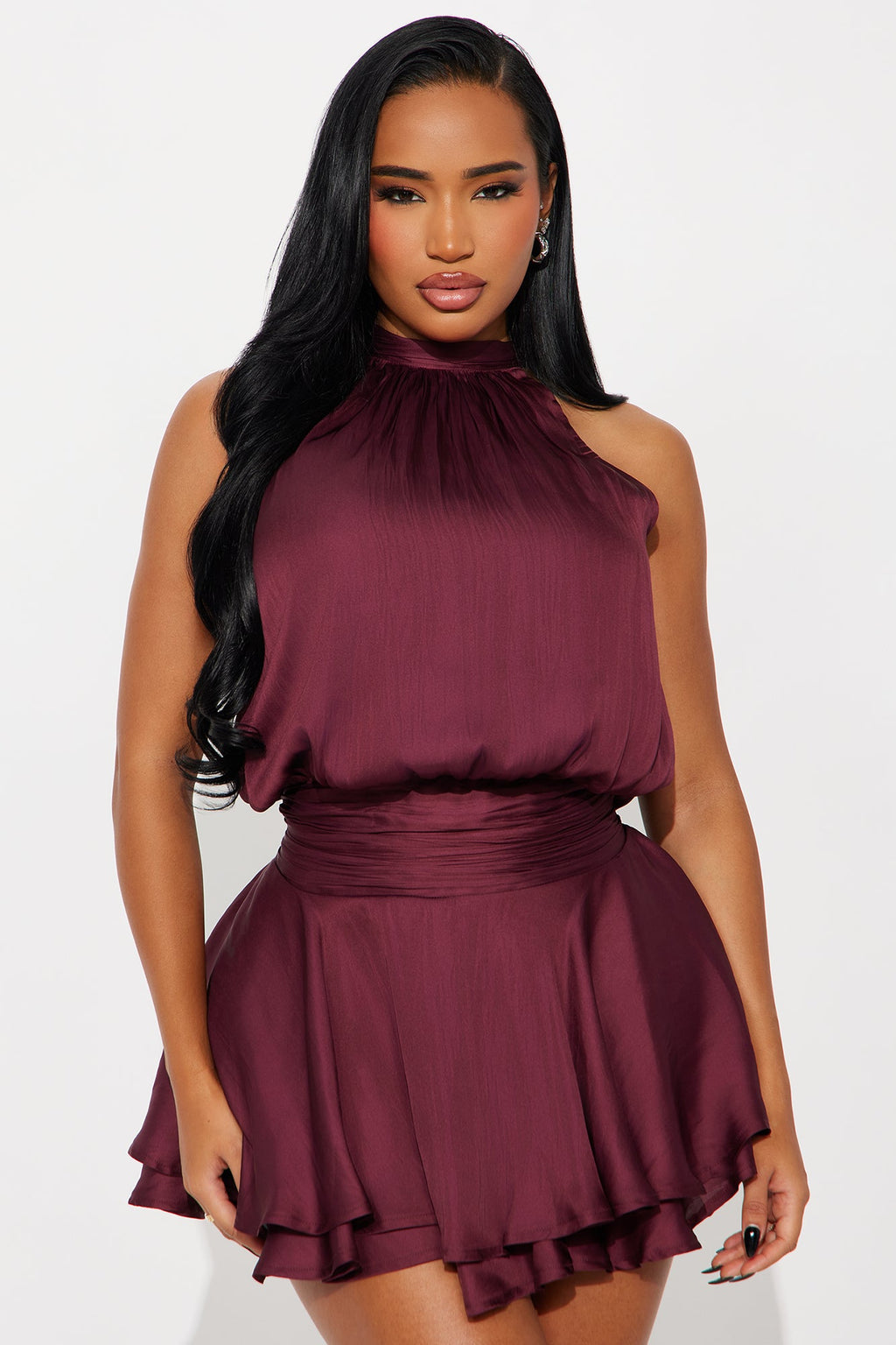 Keeping It Sassy Satin Mini Dress - Wine