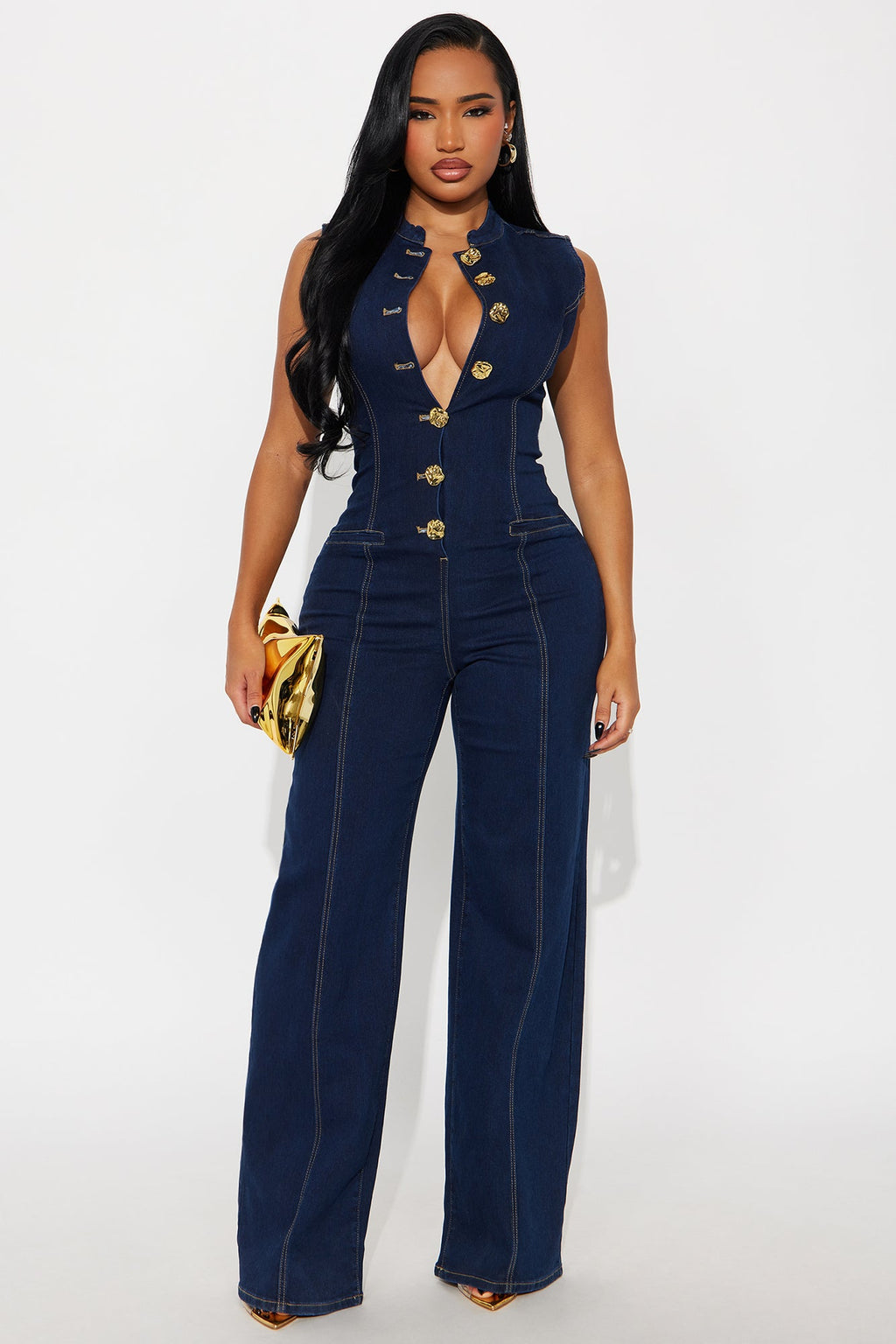 Paulina Button Up Denim Jumpsuit - Dark Denim