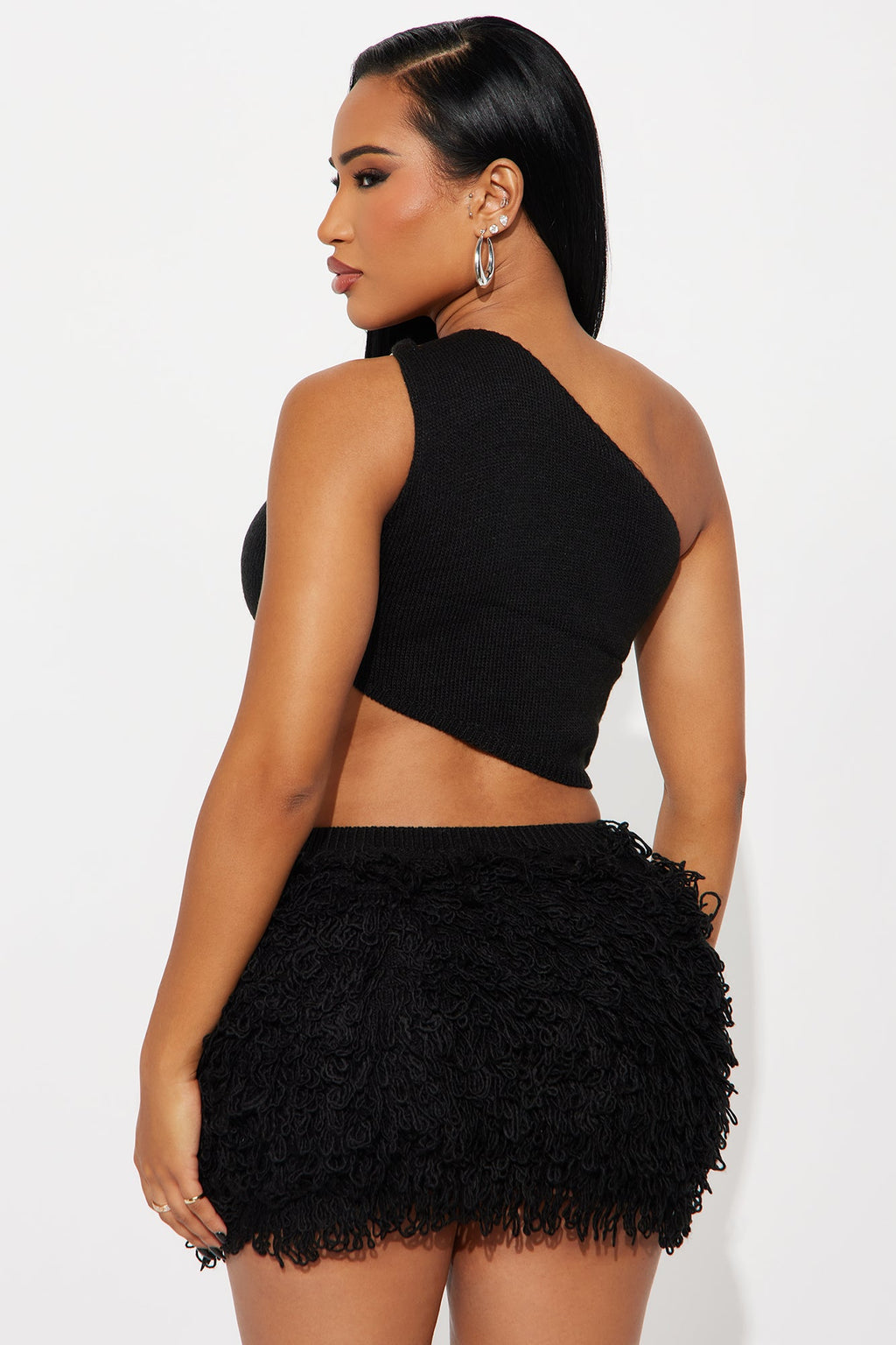 Isla Sweater One Shoulder Mini Skirt Set - Black