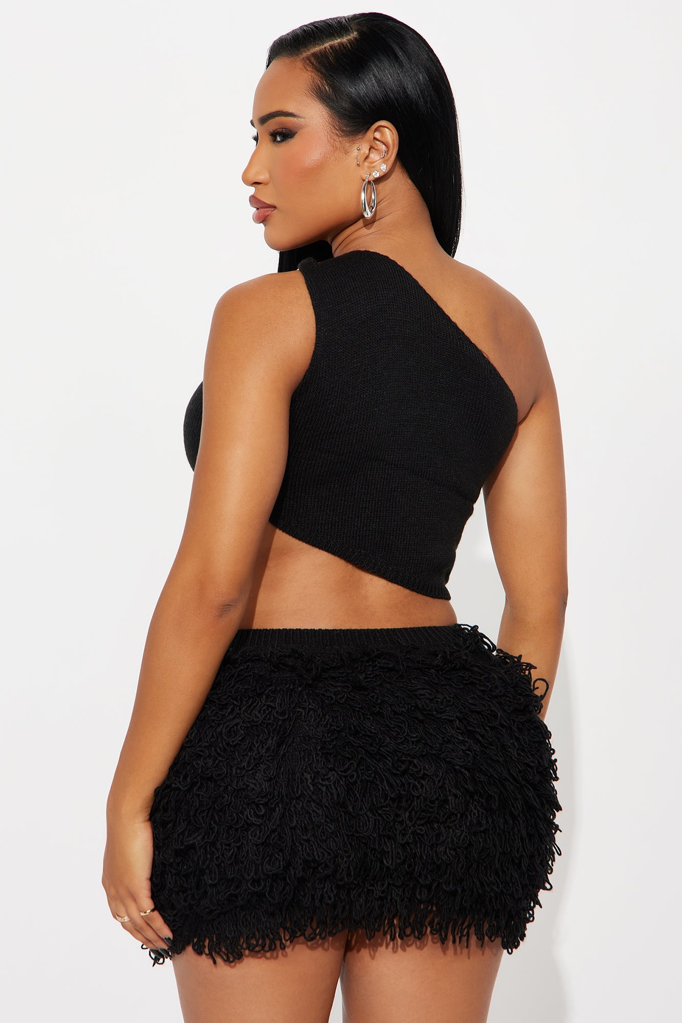 Isla Sweater One Shoulder Mini Skirt Set - Black
