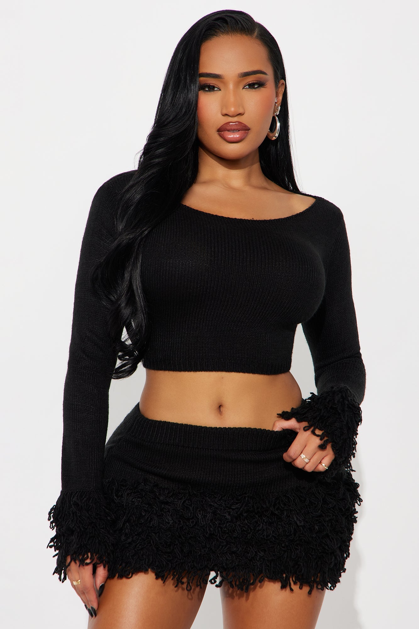 Collette Fringe Sweater Mini Skirt Set - Black