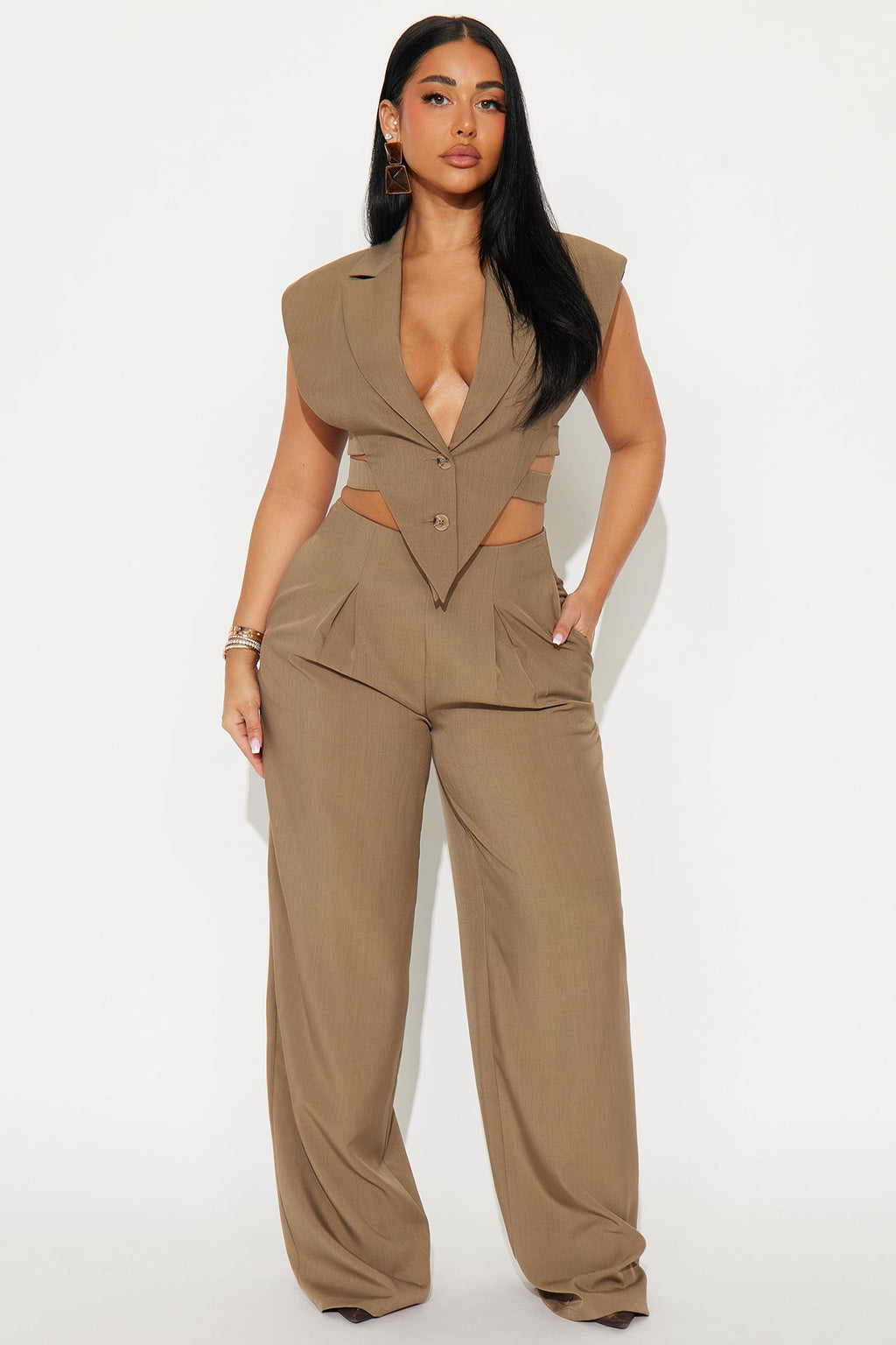 Power Play Bold Shoulder Vest Pant Set - Taupe