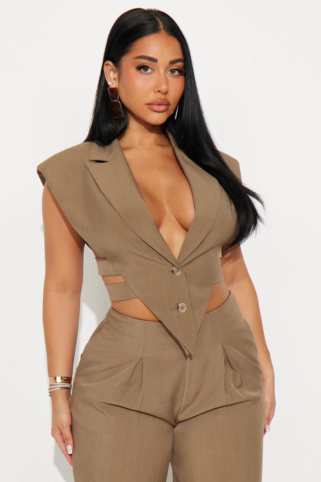 Power Play Bold Shoulder Vest Pant Set - Taupe