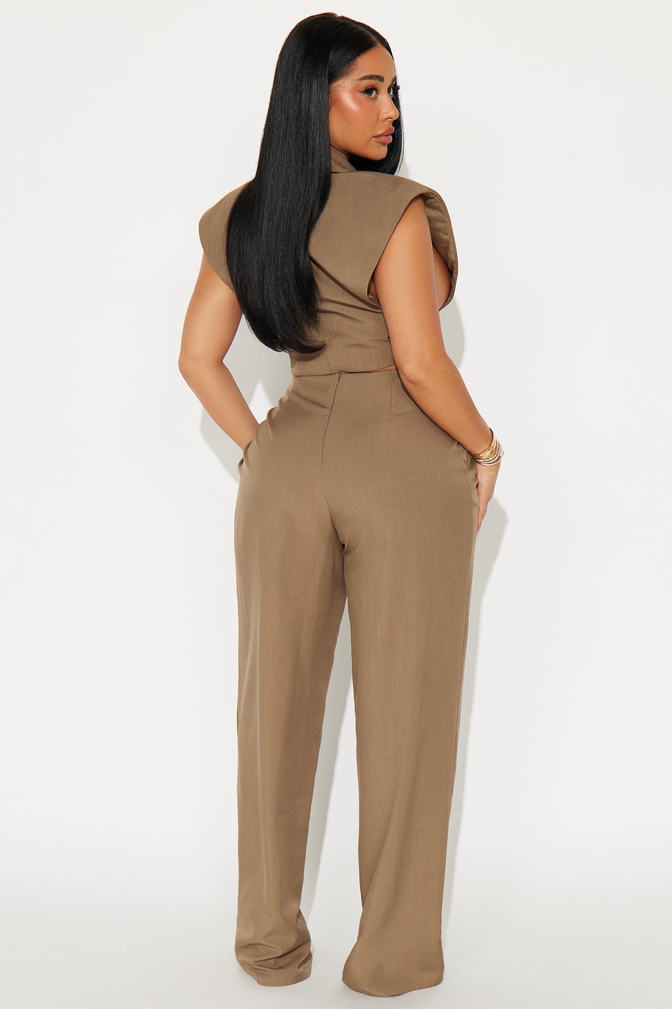 Power Play Bold Shoulder Vest Pant Set - Taupe