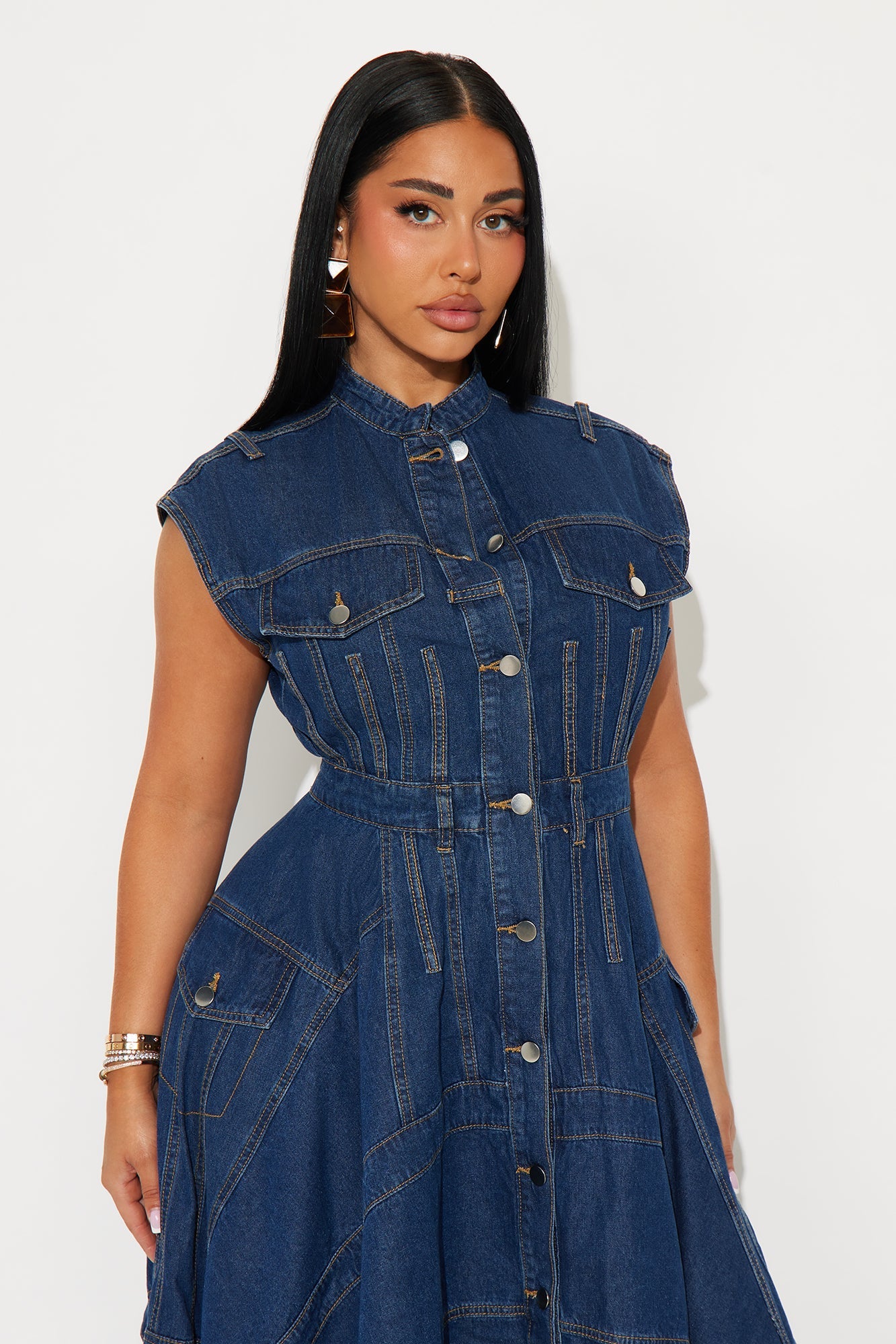 Dolly Button Up Denim Midi Dress - Denim