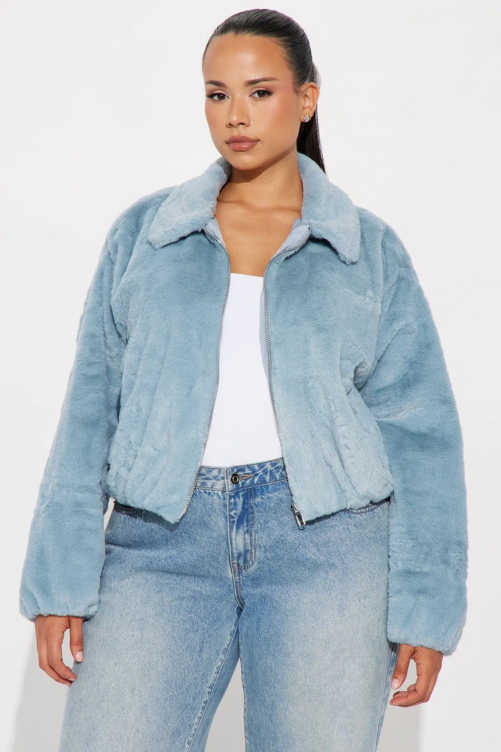 By My Side Faux Fur Bomber Jacket - Slate Blue 