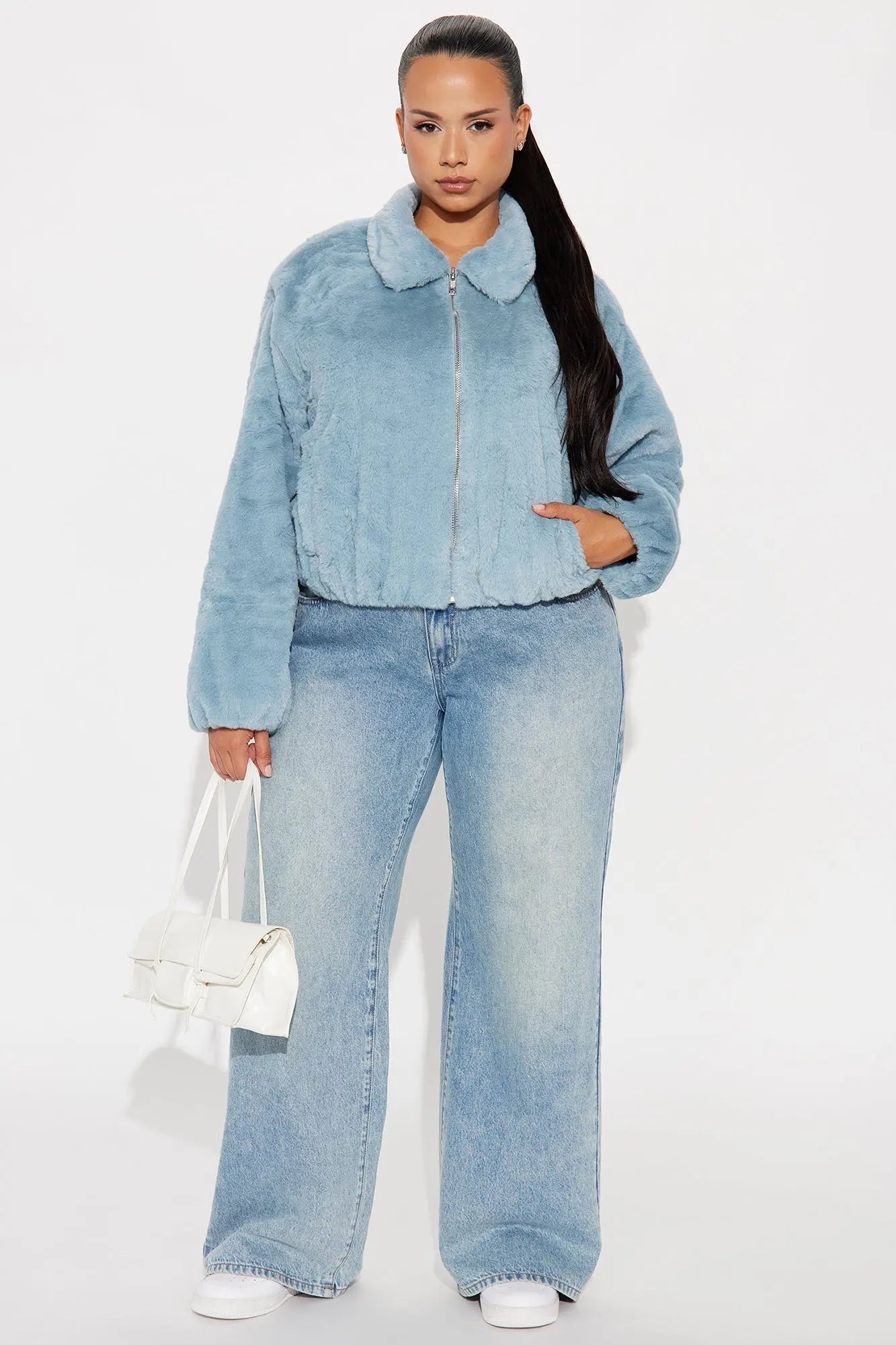 By My Side Faux Fur Bomber Jacket - Slate Blue 