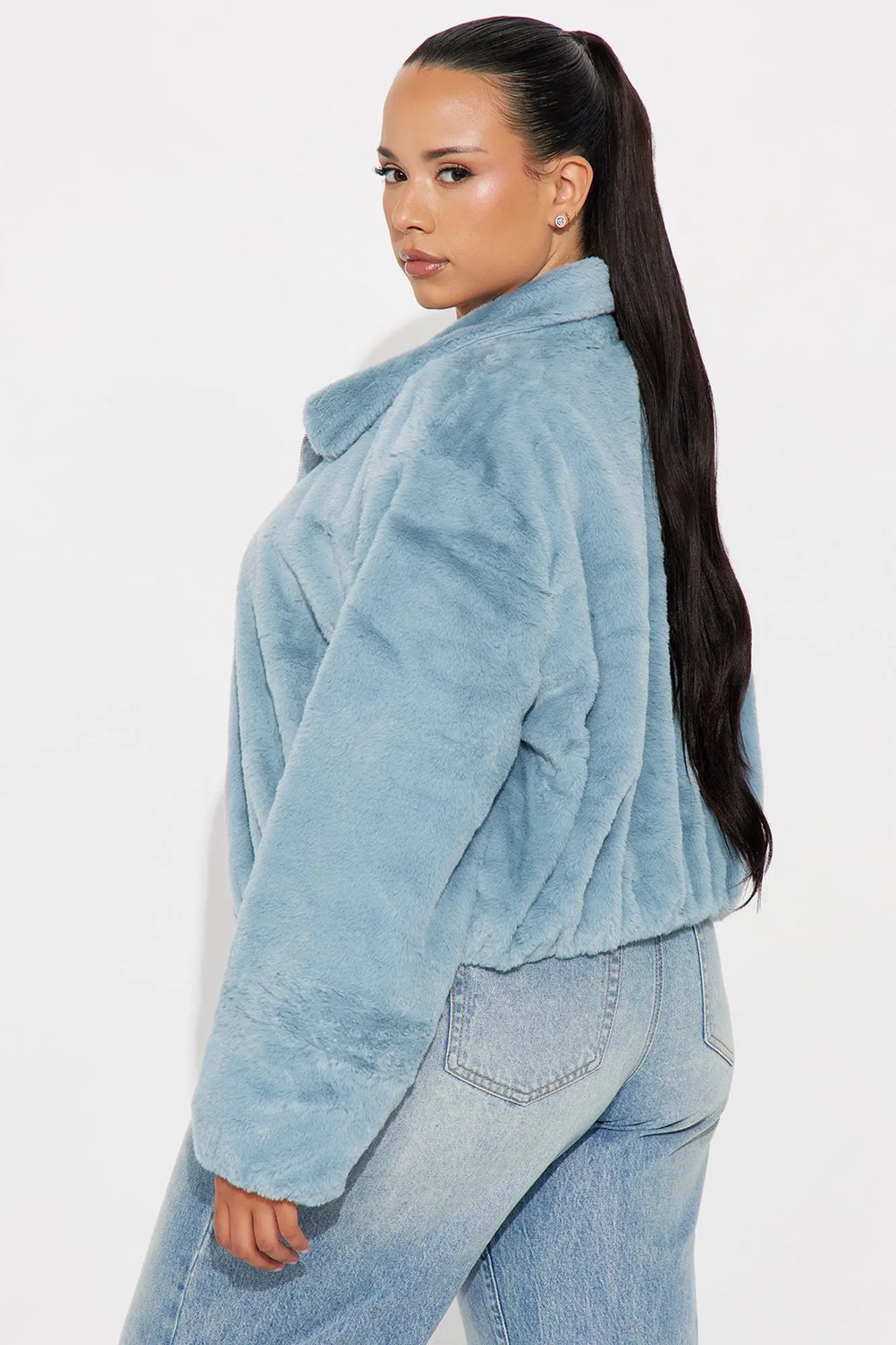 By My Side Faux Fur Bomber Jacket - Slate Blue 