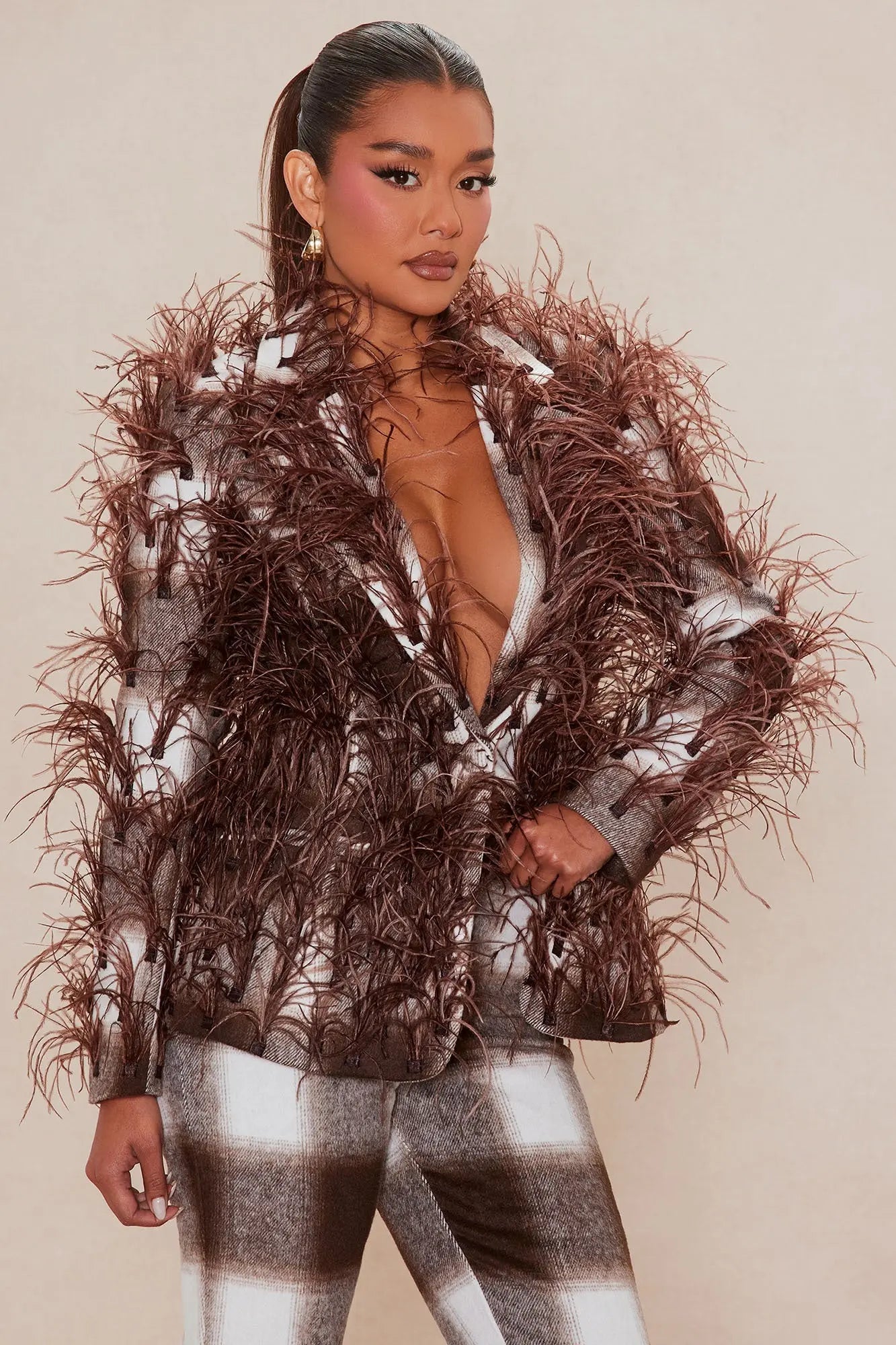 Nadya Feathered Blazer - Brown 