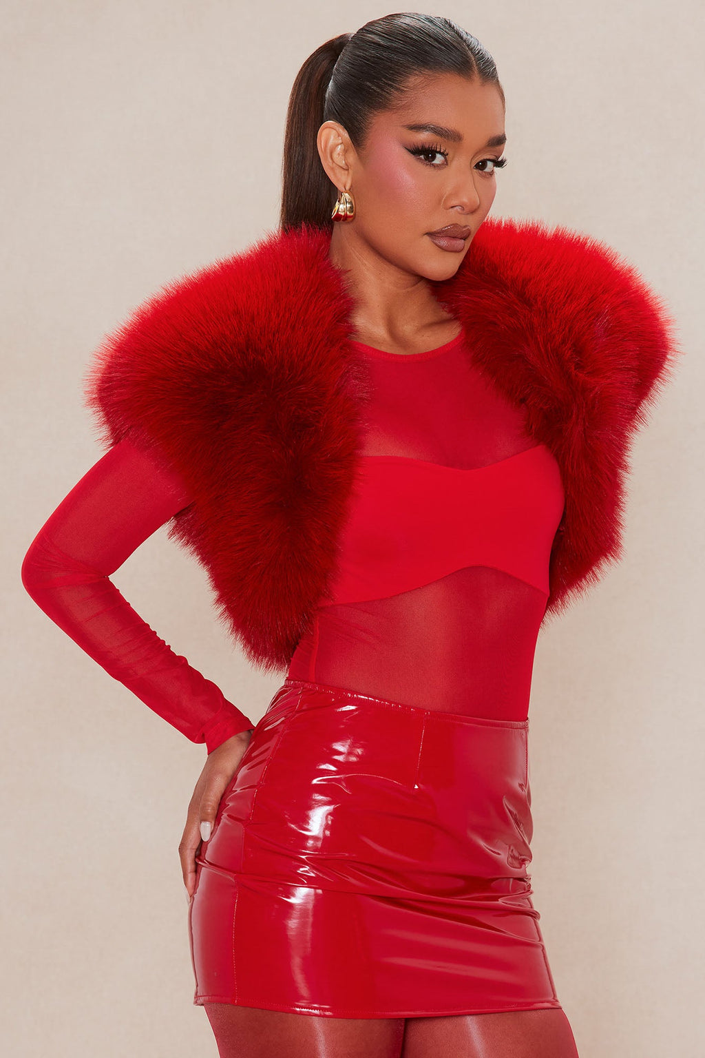 Raya Faux Fur Shrug - Red