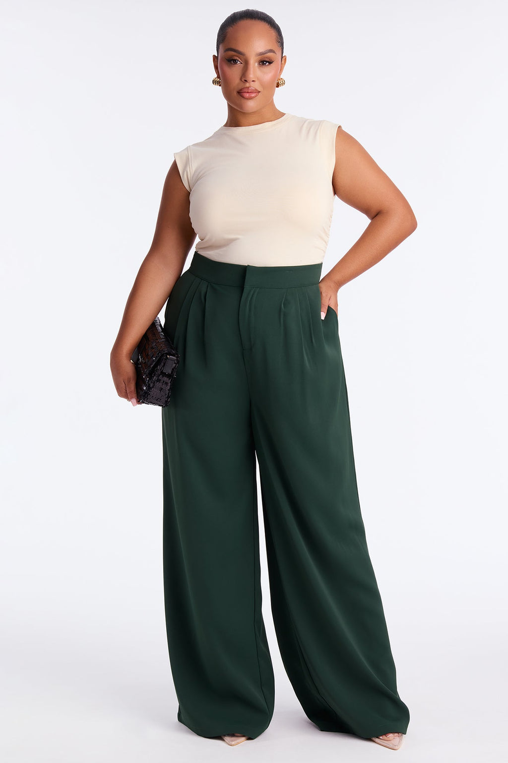 Candice Pleated Wide Leg Trouser Pant 33″ - Hunter