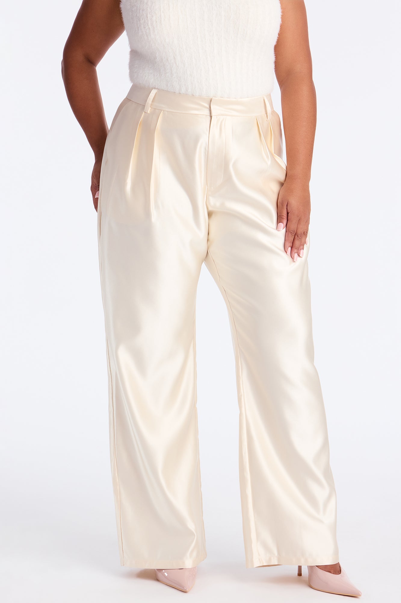 Late Night Cue Satin Wide Leg Pant 32″ - Ivory