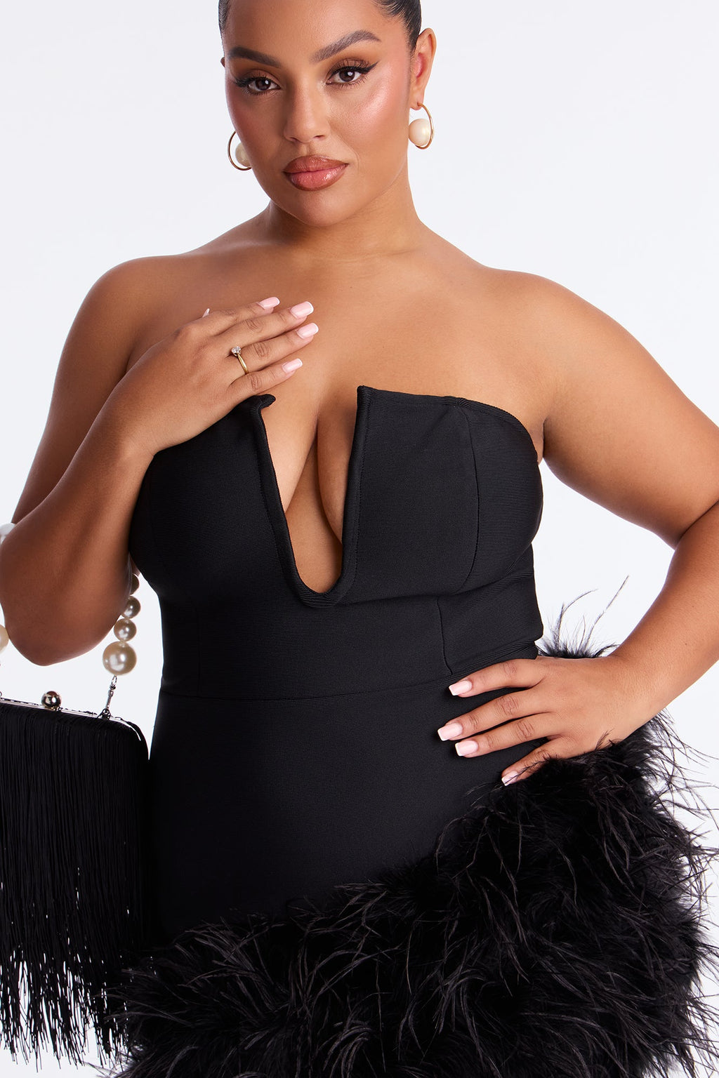 Top Choice Feather Trim Bandage Mini Dress - Black