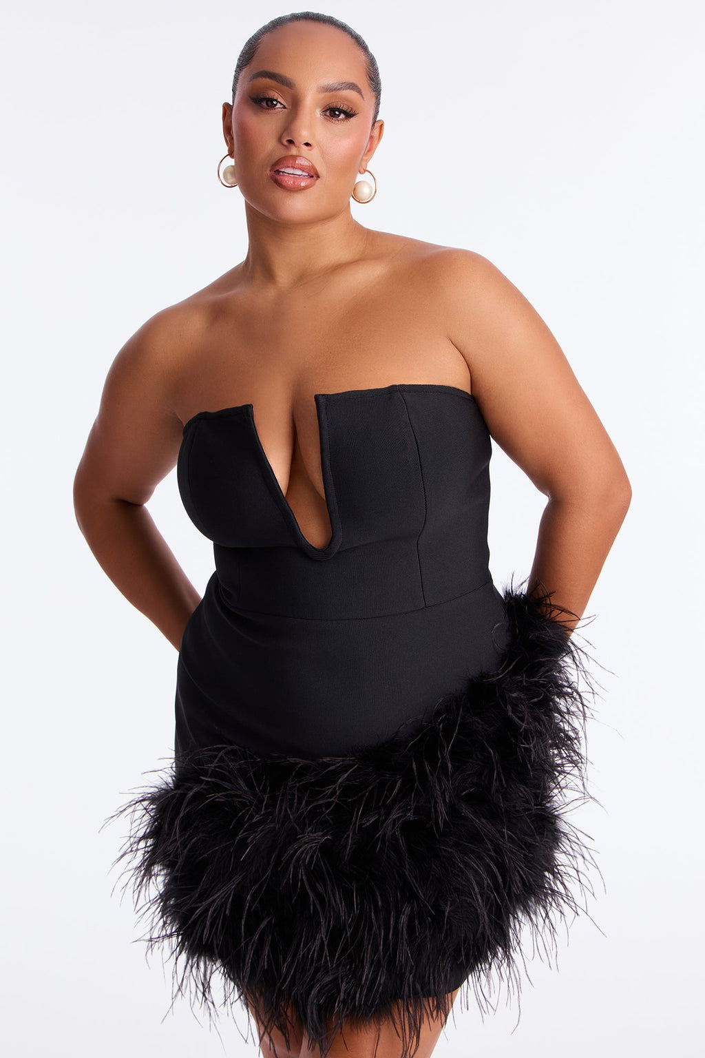 Top Choice Feather Trim Bandage Mini Dress - Black