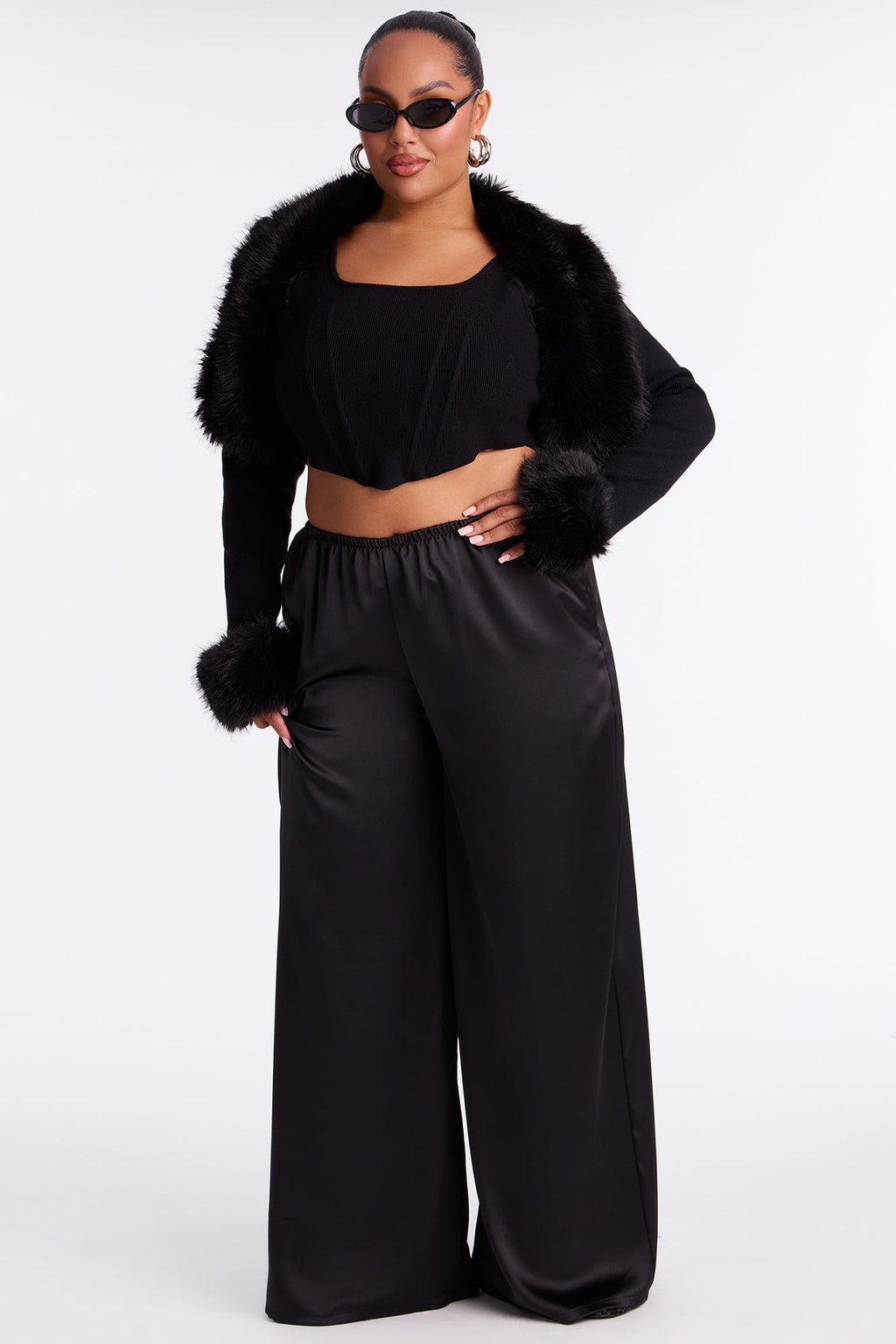 Shine On Satin Wide Leg Pant 32″ - Black