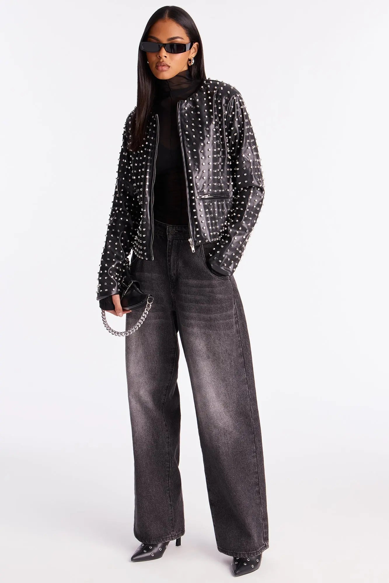 Run This Town Studded Faux Leather Jacket - Black 