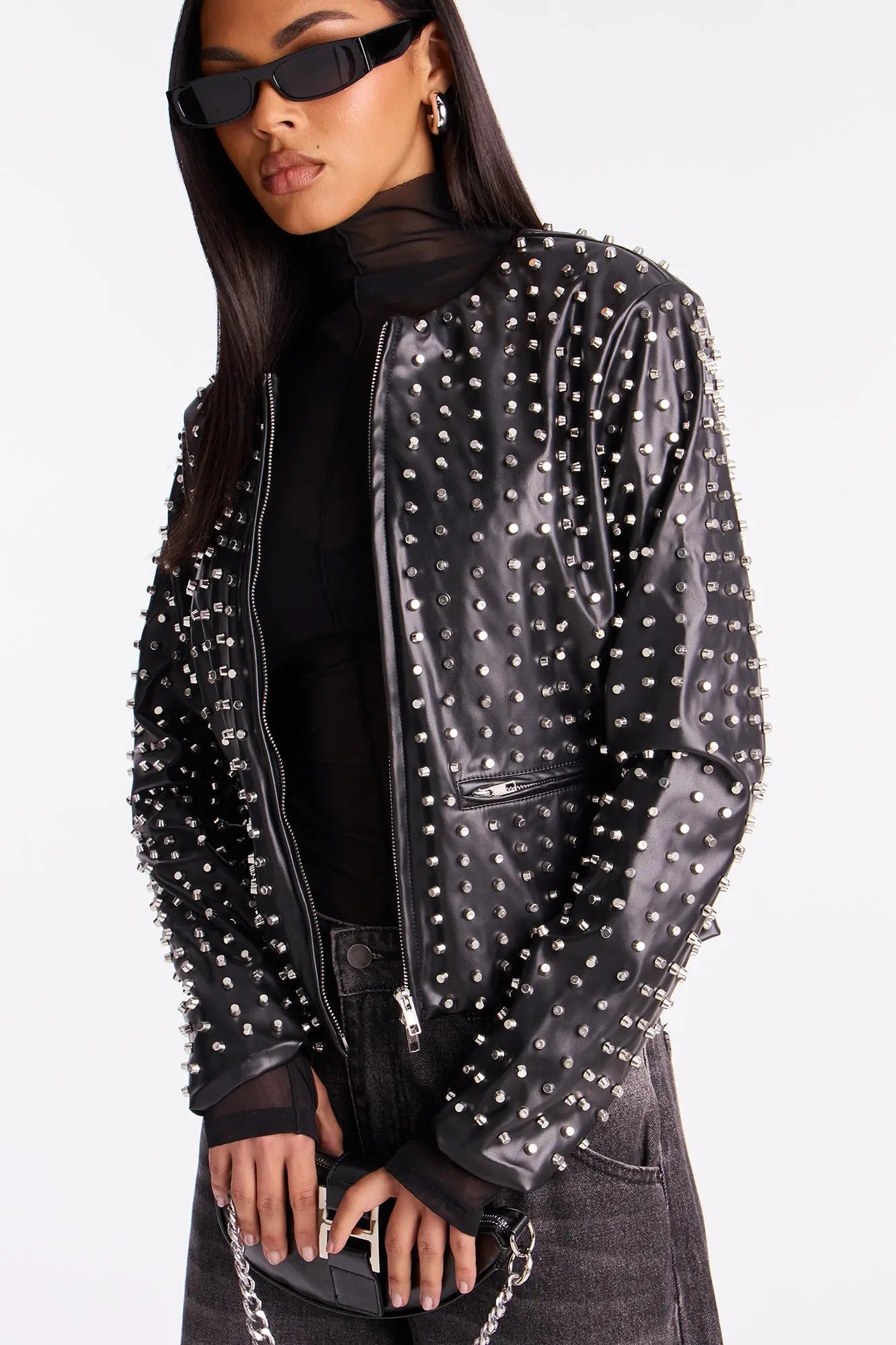 Run This Town Studded Faux Leather Jacket - Black 