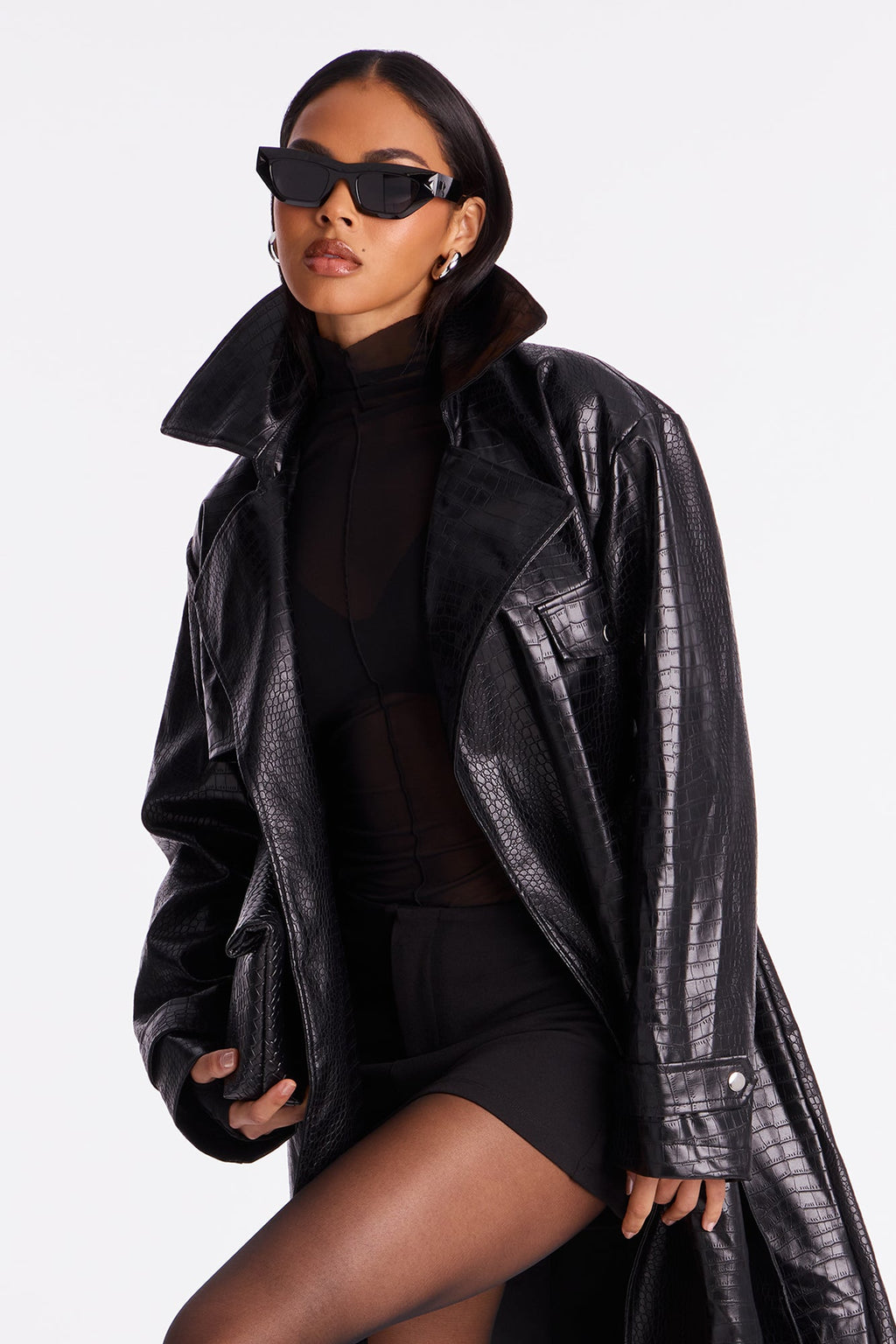 Noah Croc Faux Leather Trench Coat - Black