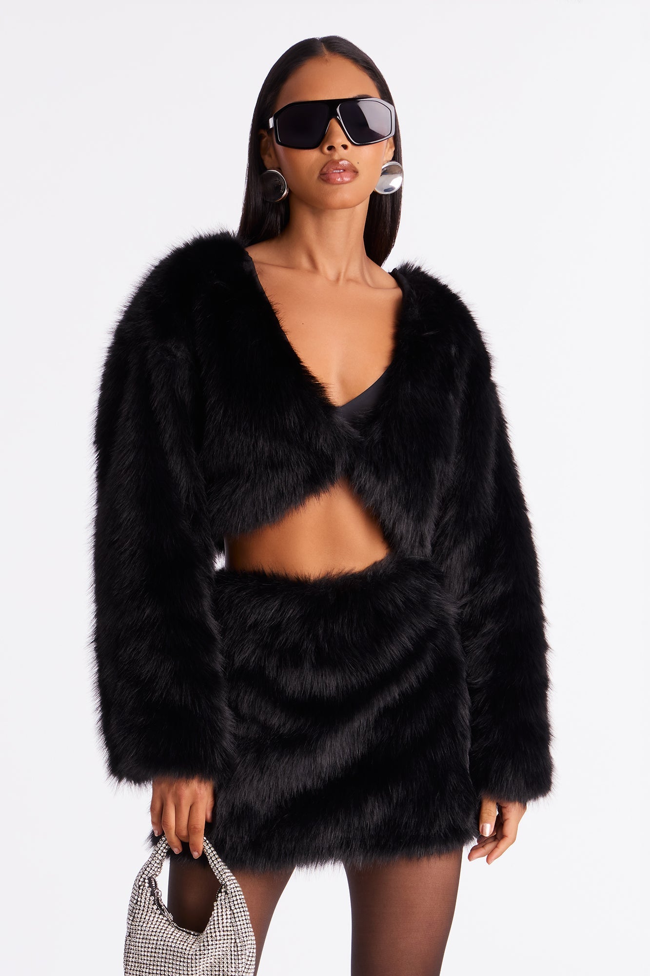 Fiona Faux Fur Mini Skirt Set - Black